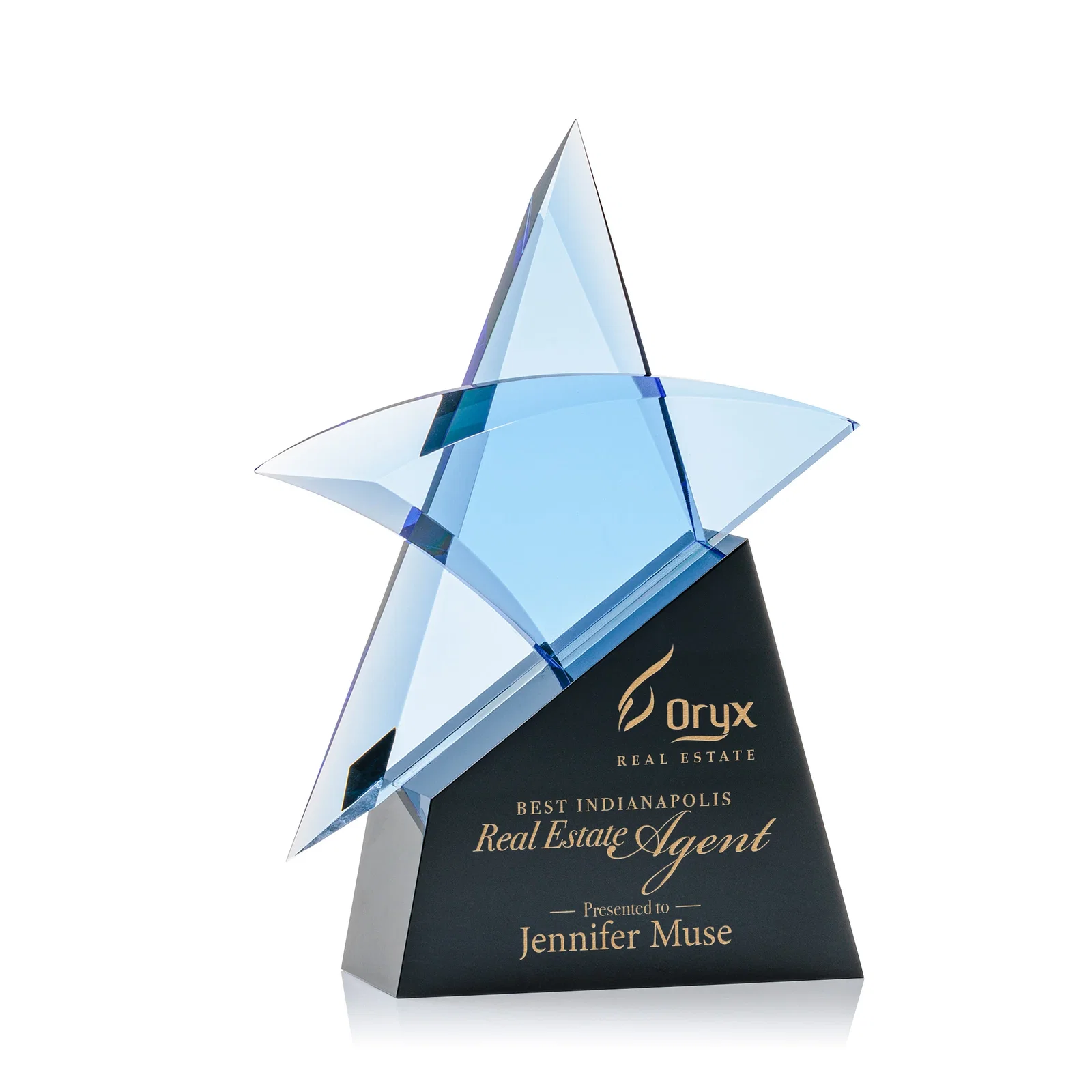 Custom Blue Optical Crystal Star Award with Deep Bevels on Black Base for service anniversary gifts