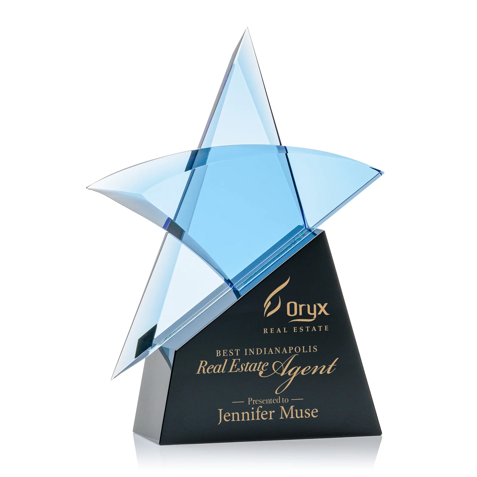 Custom Blue Optical Crystal Star Award with Deep Bevels on Black Base for sales achievement awards
