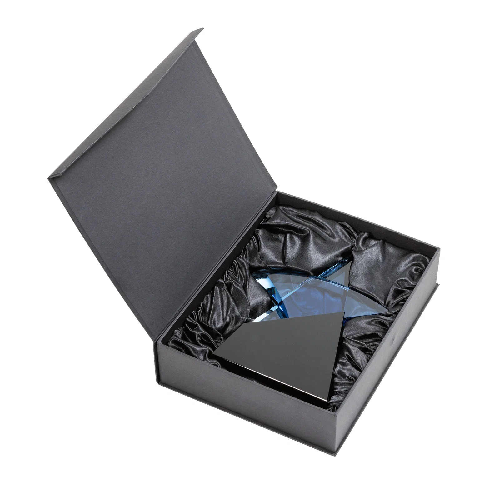 Custom Blue Optical Crystal Star Award with Deep Bevels on Black Base for retirement presentations