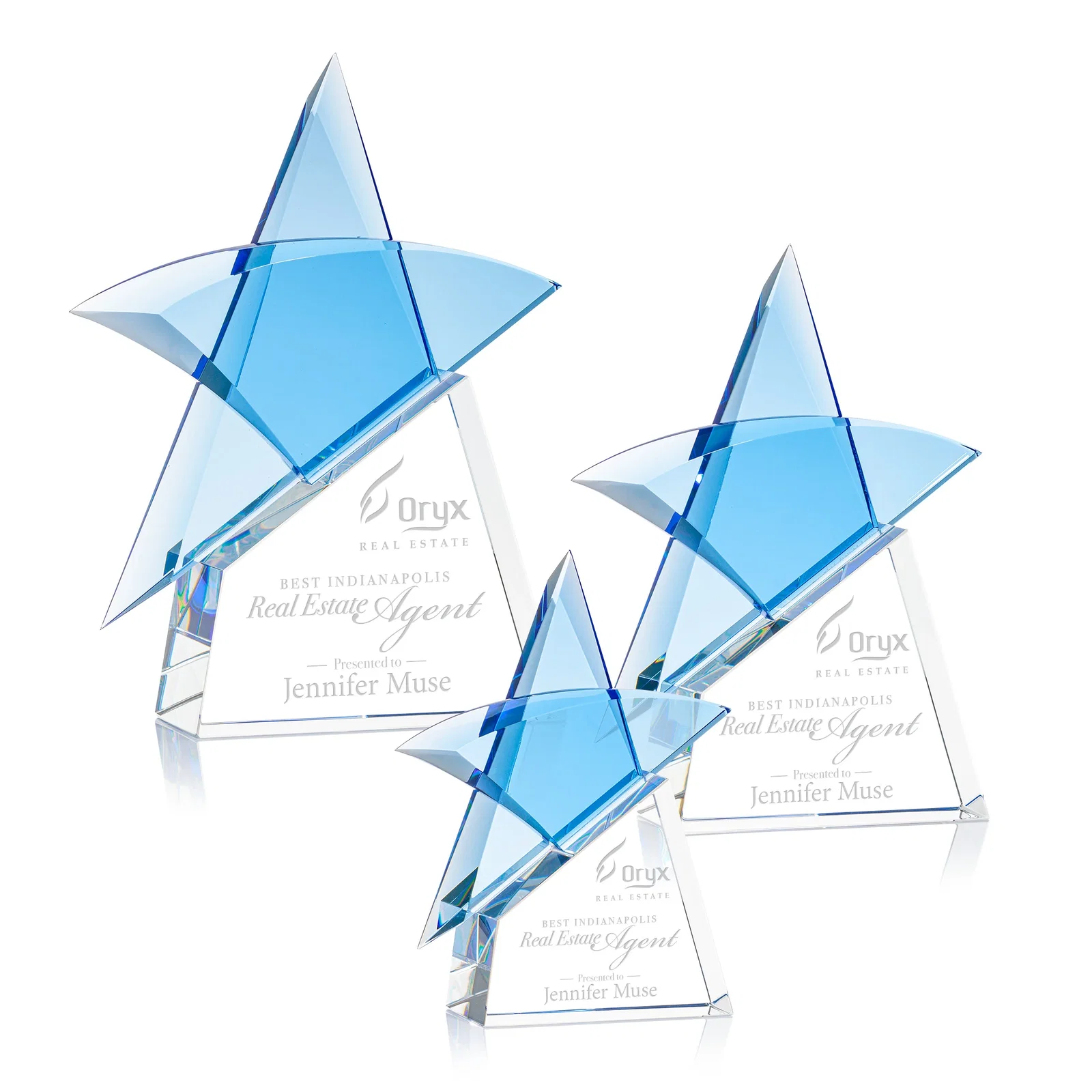 Custom Blue Optical Crystal Star Award with Deep Bevels on Black Base for team milestone celebrations