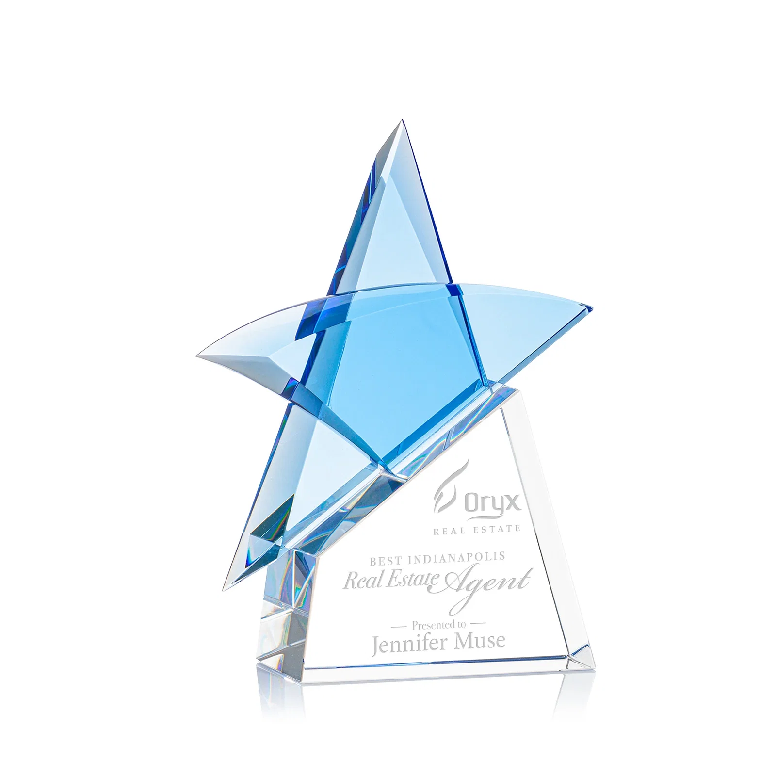 Custom Blue Optical Crystal Star Award with Deep Bevels on Black Base for donor appreciation