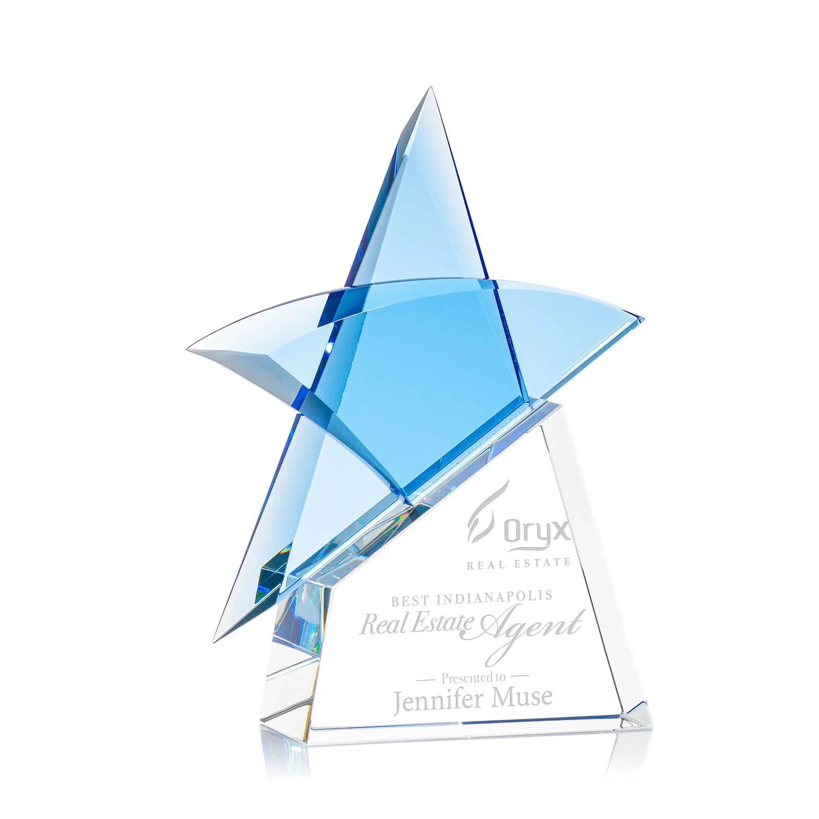 Custom Blue Optical Crystal Star Award with Deep Bevels on Black Base for graduation ceremonies