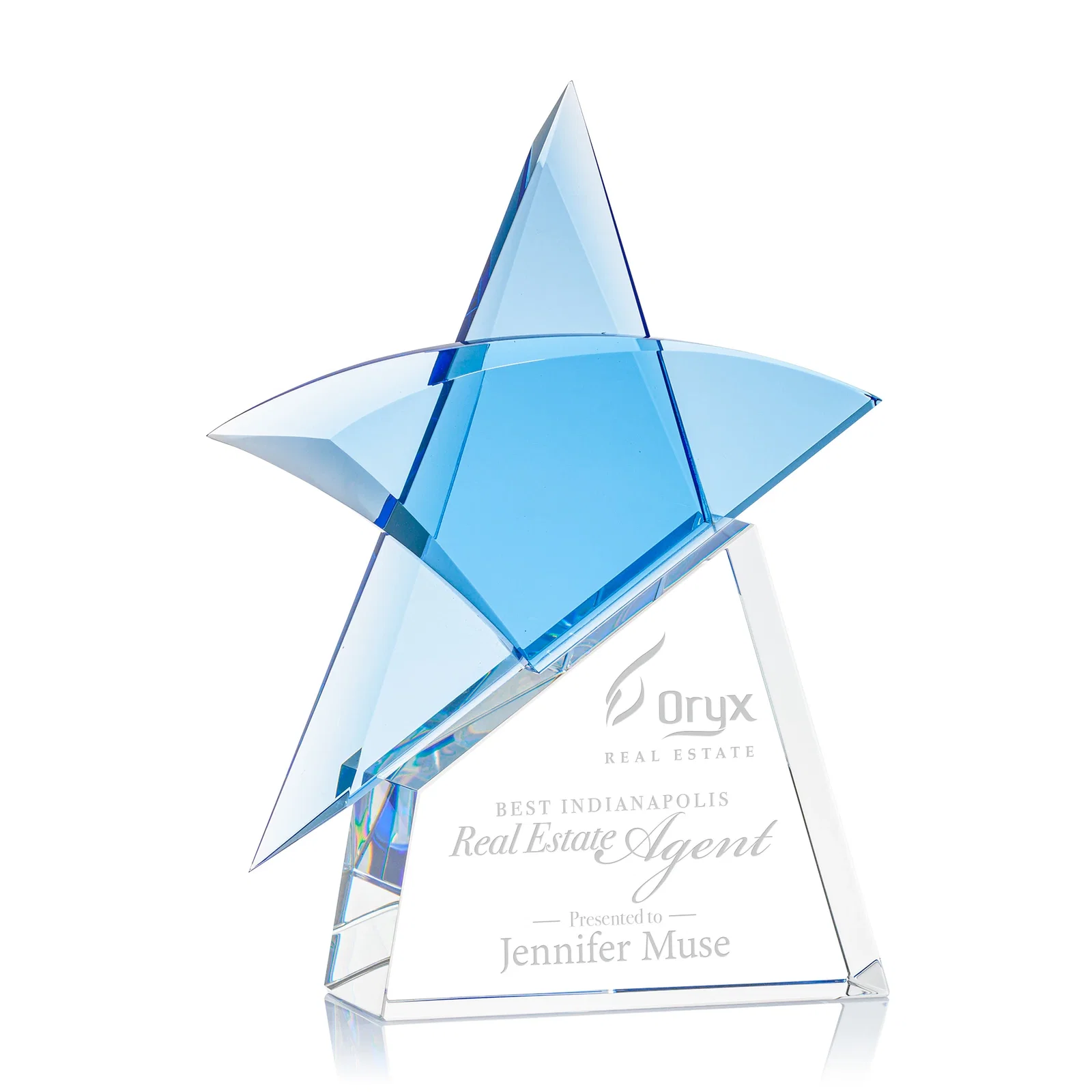 Custom Blue Optical Crystal Star Award with Deep Bevels on Black Base for safety achievement programs