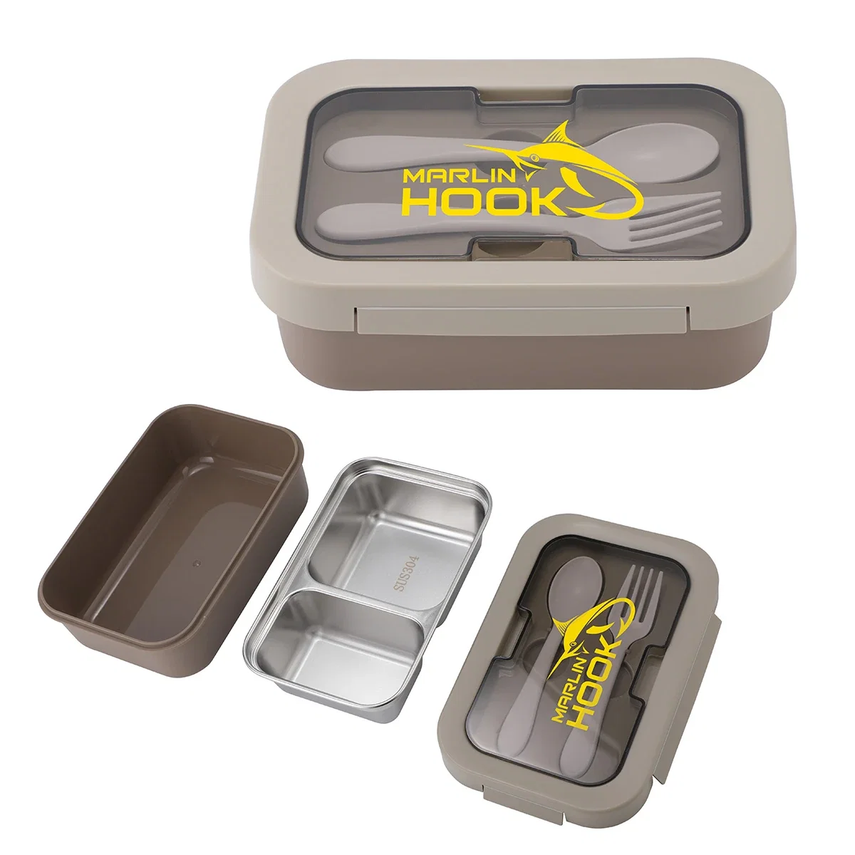 Custom Bento Stainless Steel Lunch Box, front view of the branded lunch box with utensils