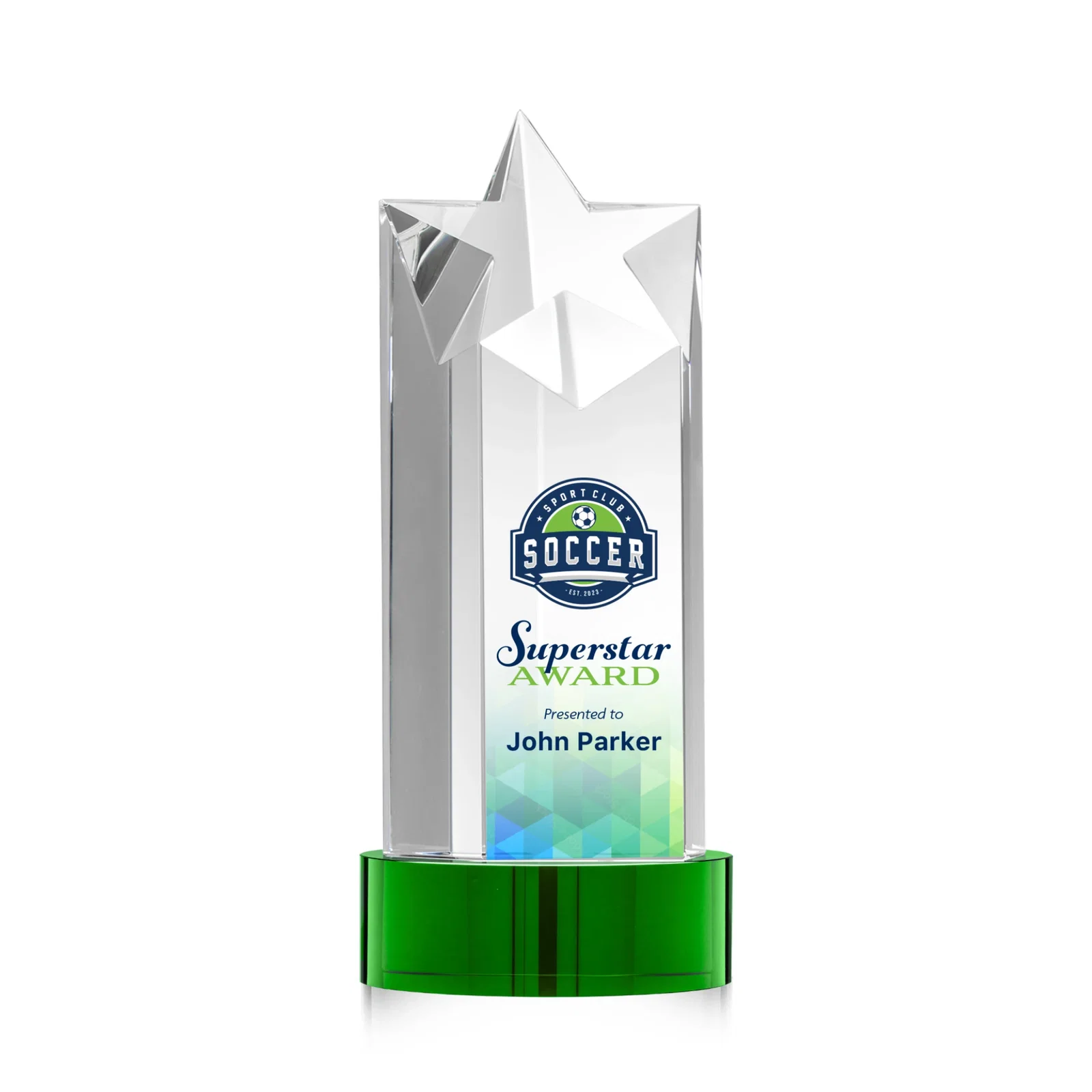 Branded Optical Crystal Star Tower Award for retirement presentations