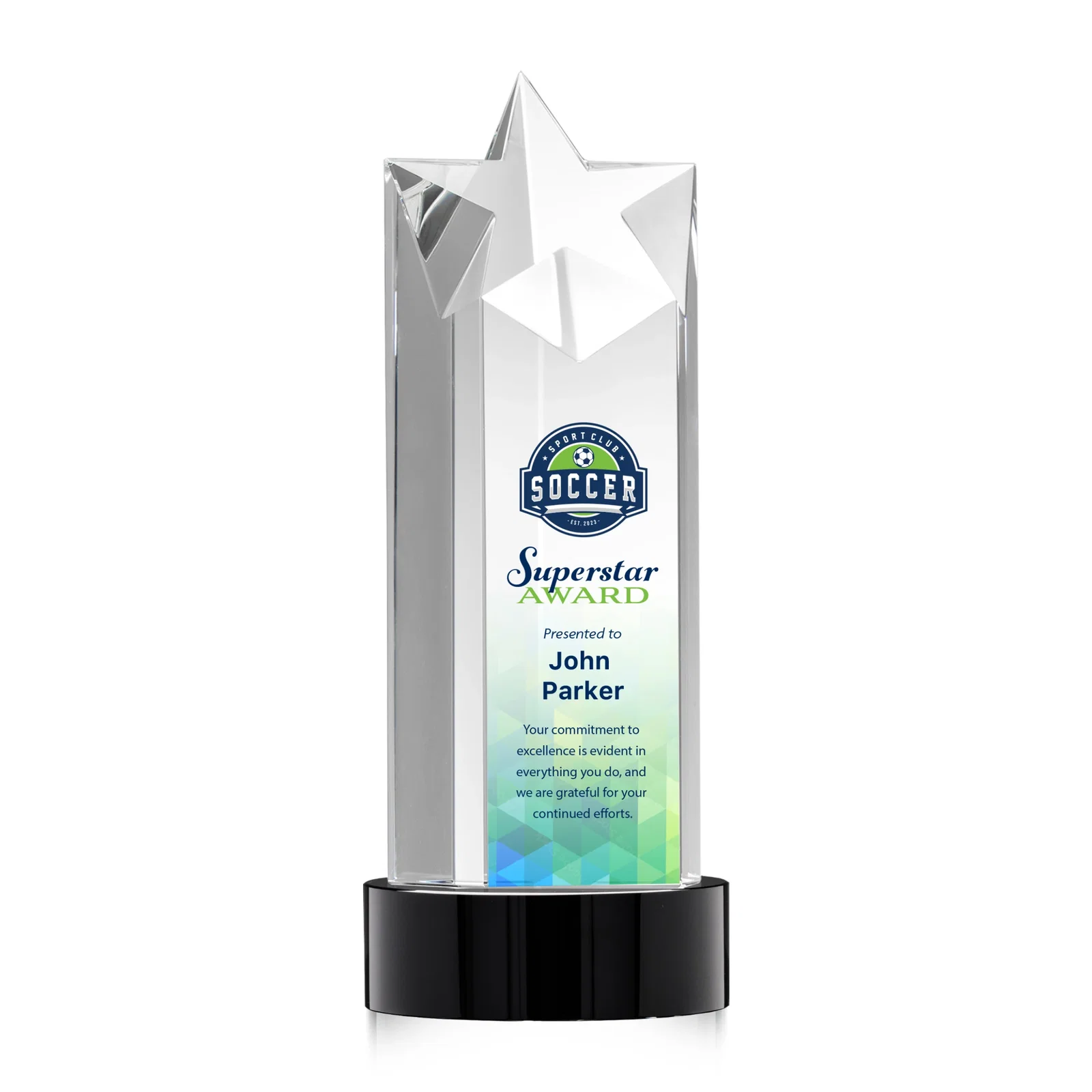 Custom printed Optical Crystal Star Tower Award for employee recognition