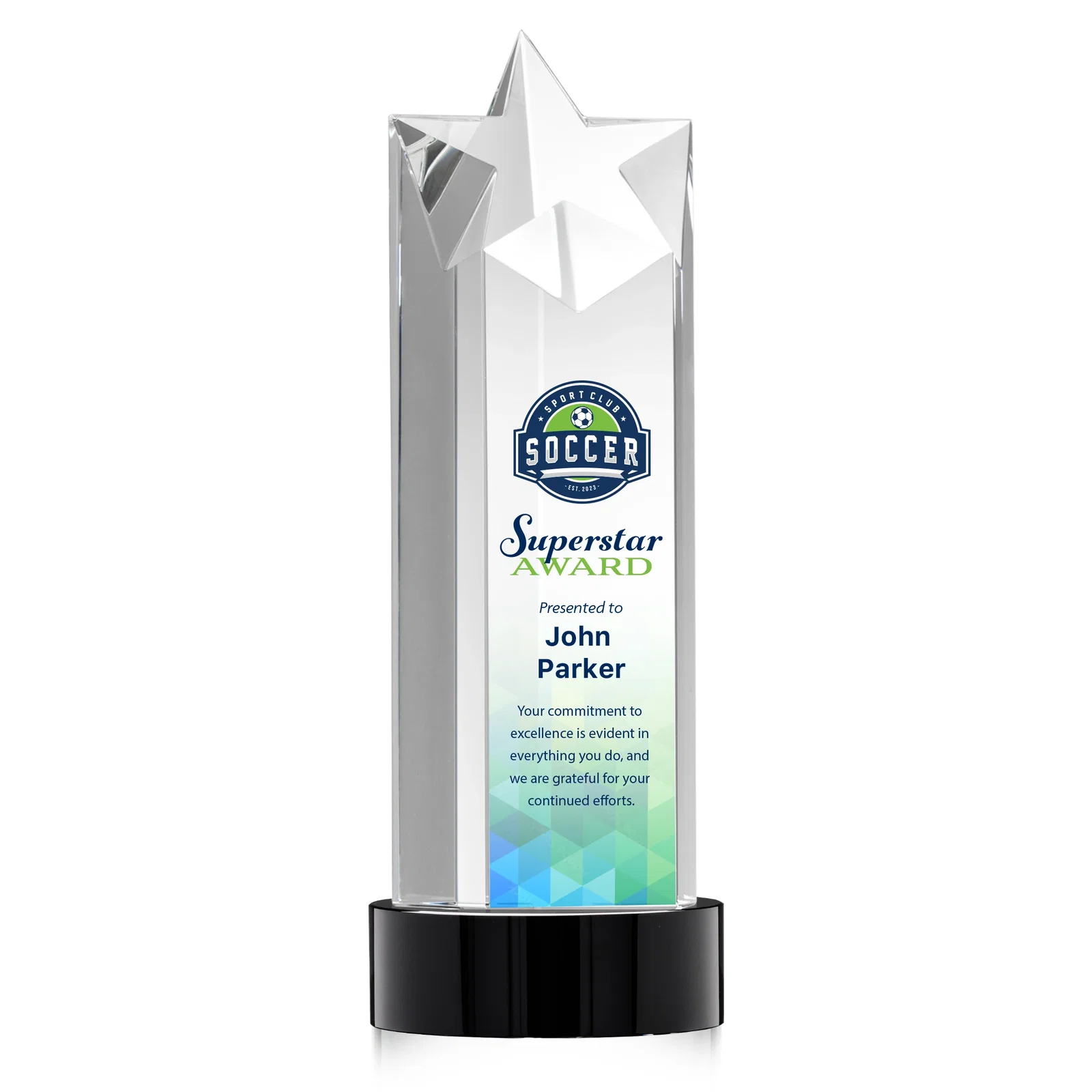 Custom printed Optical Crystal Star Tower Award for corporate award ceremonies