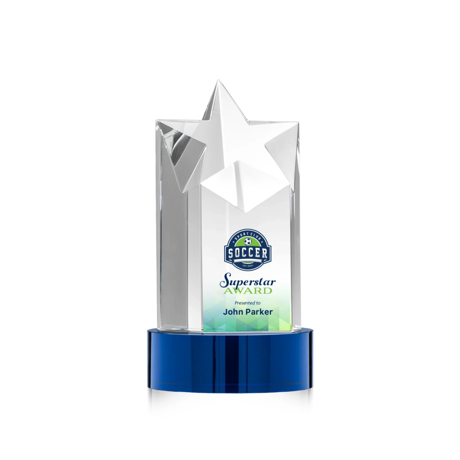 Custom printed Optical Crystal Star Tower Award for retirement presentations