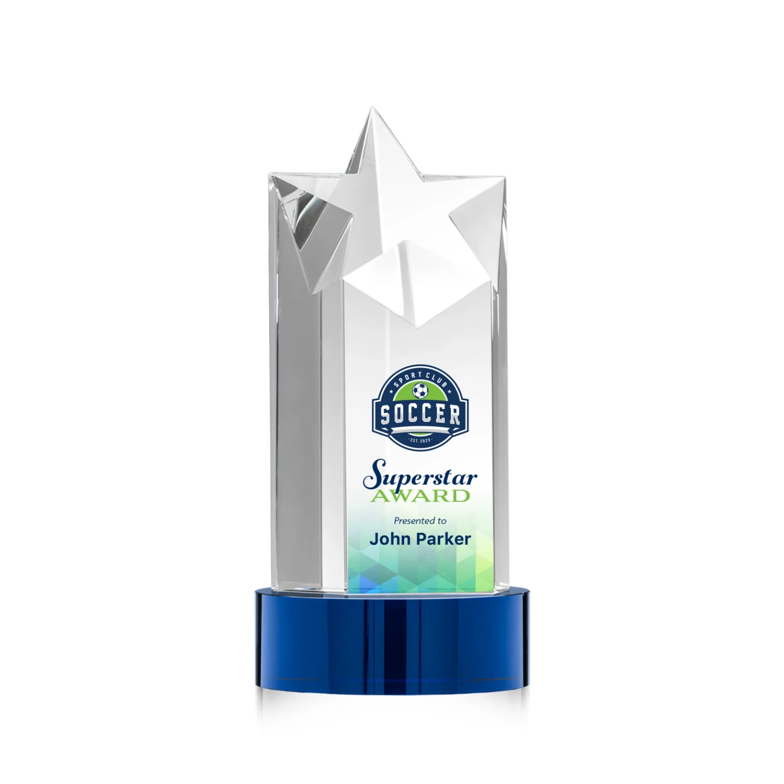 Custom printed Optical Crystal Star Tower Award for team milestone celebrations