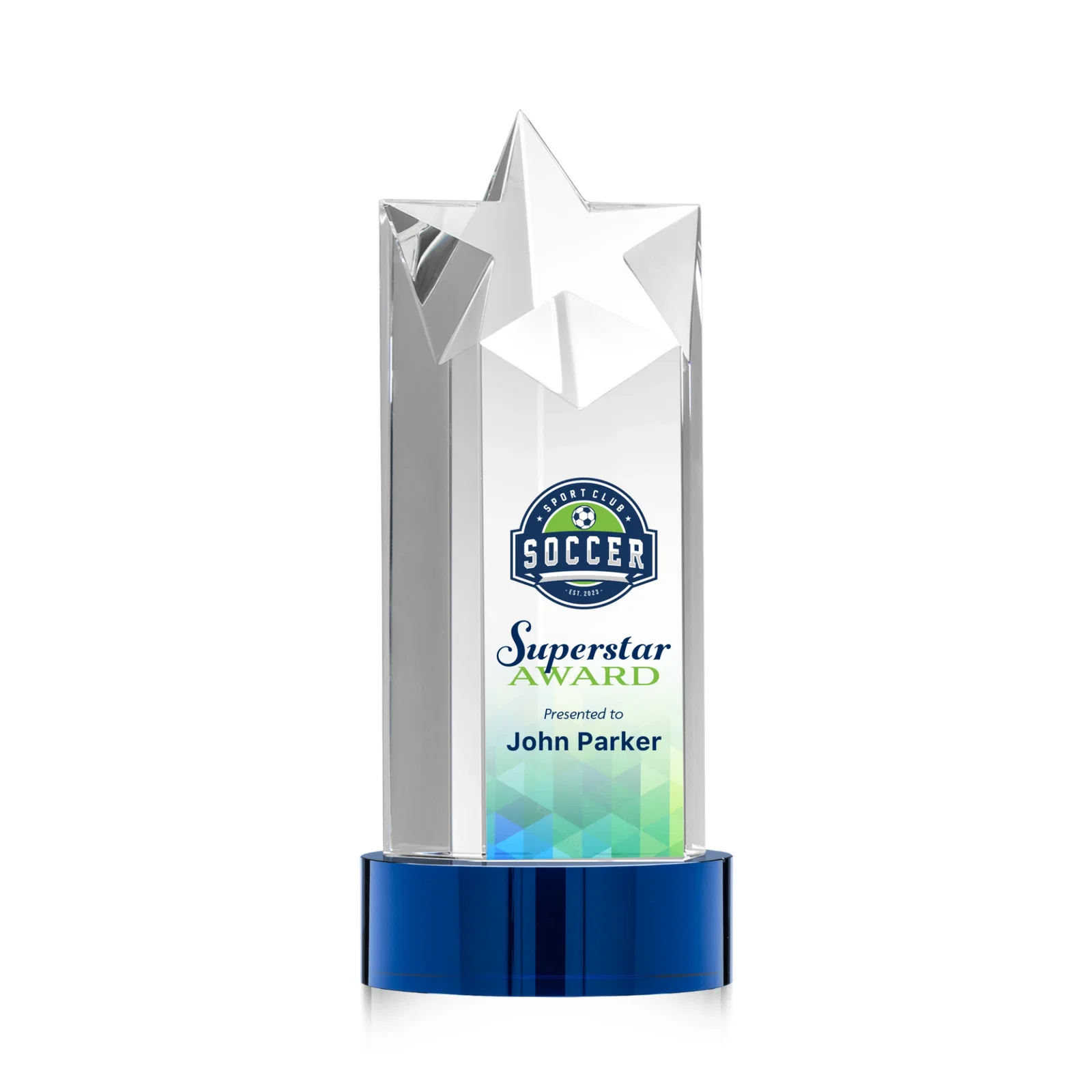 Custom printed Optical Crystal Star Tower Award for donor appreciation