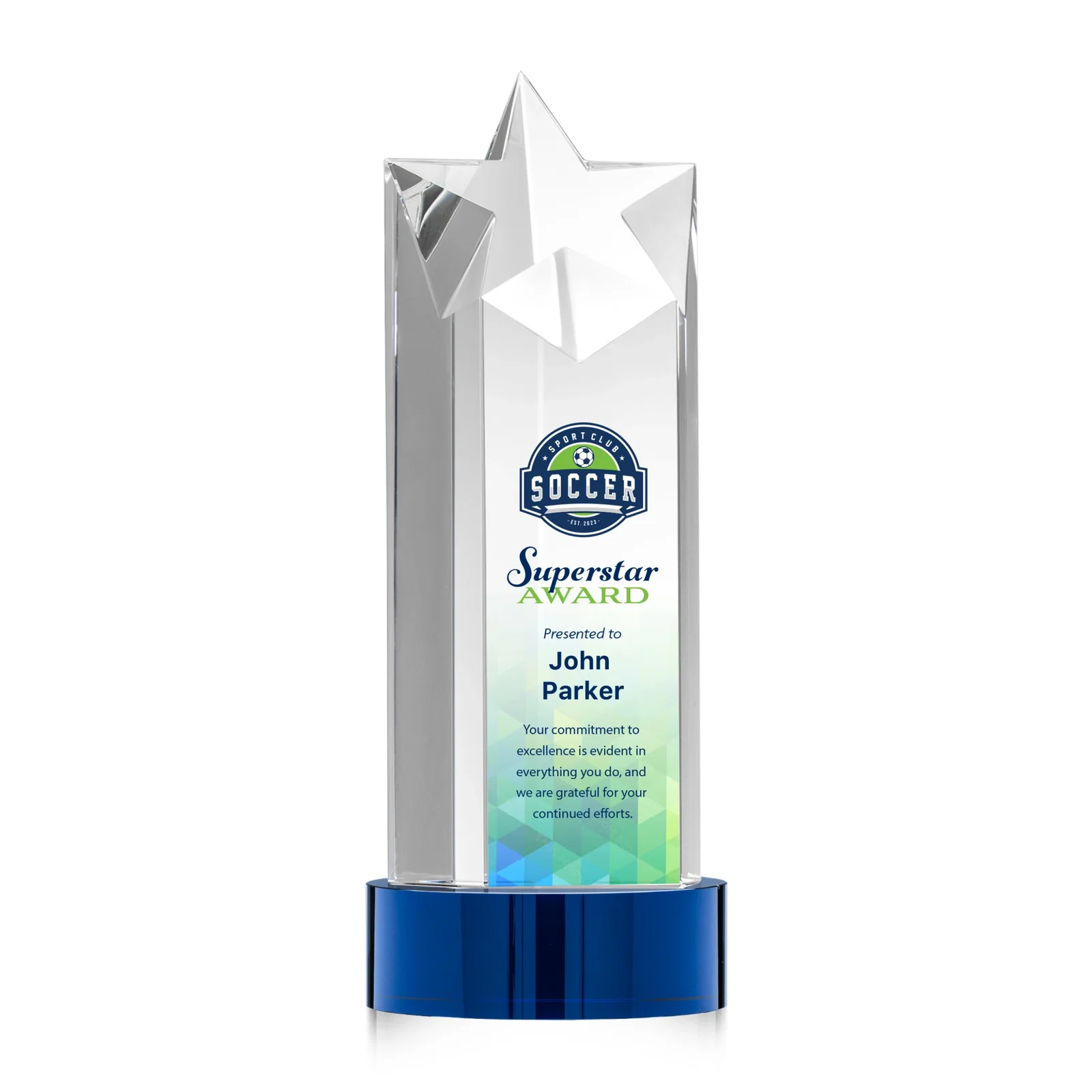 Custom printed Optical Crystal Star Tower Award for graduation ceremonies