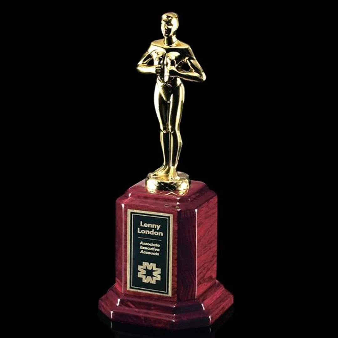 Custom Hand-Cast Metal Figure Award on Rosewood, Brass Plate Included for corporate award ceremonies
