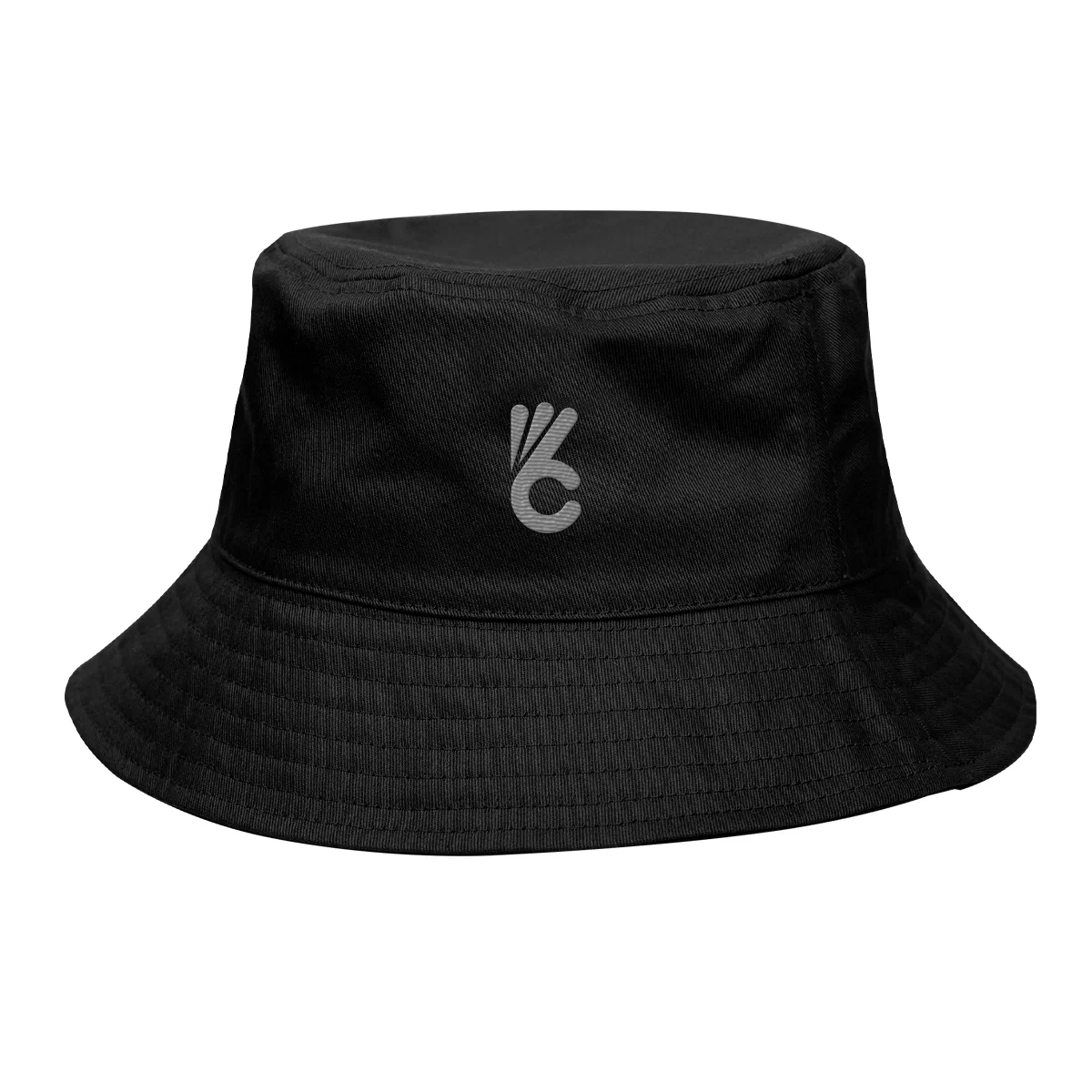 Black bucket hat with a downturned all-around brim