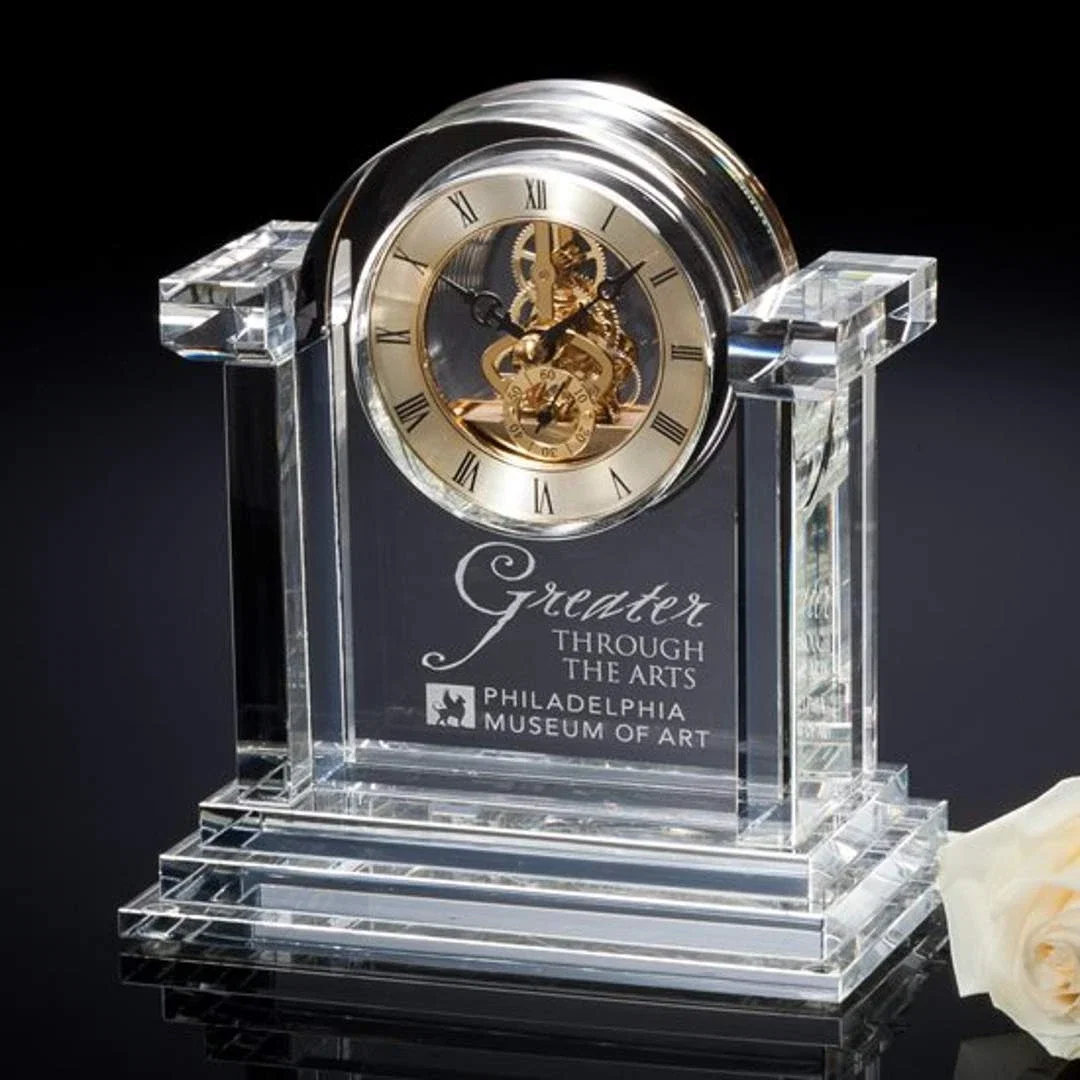 Custom Layered Optical Crystal Arch Desk Clock With Gold Face for employee recognition