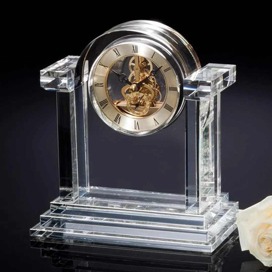 Custom Layered Optical Crystal Arch Desk Clock With Gold Face for corporate award ceremonies