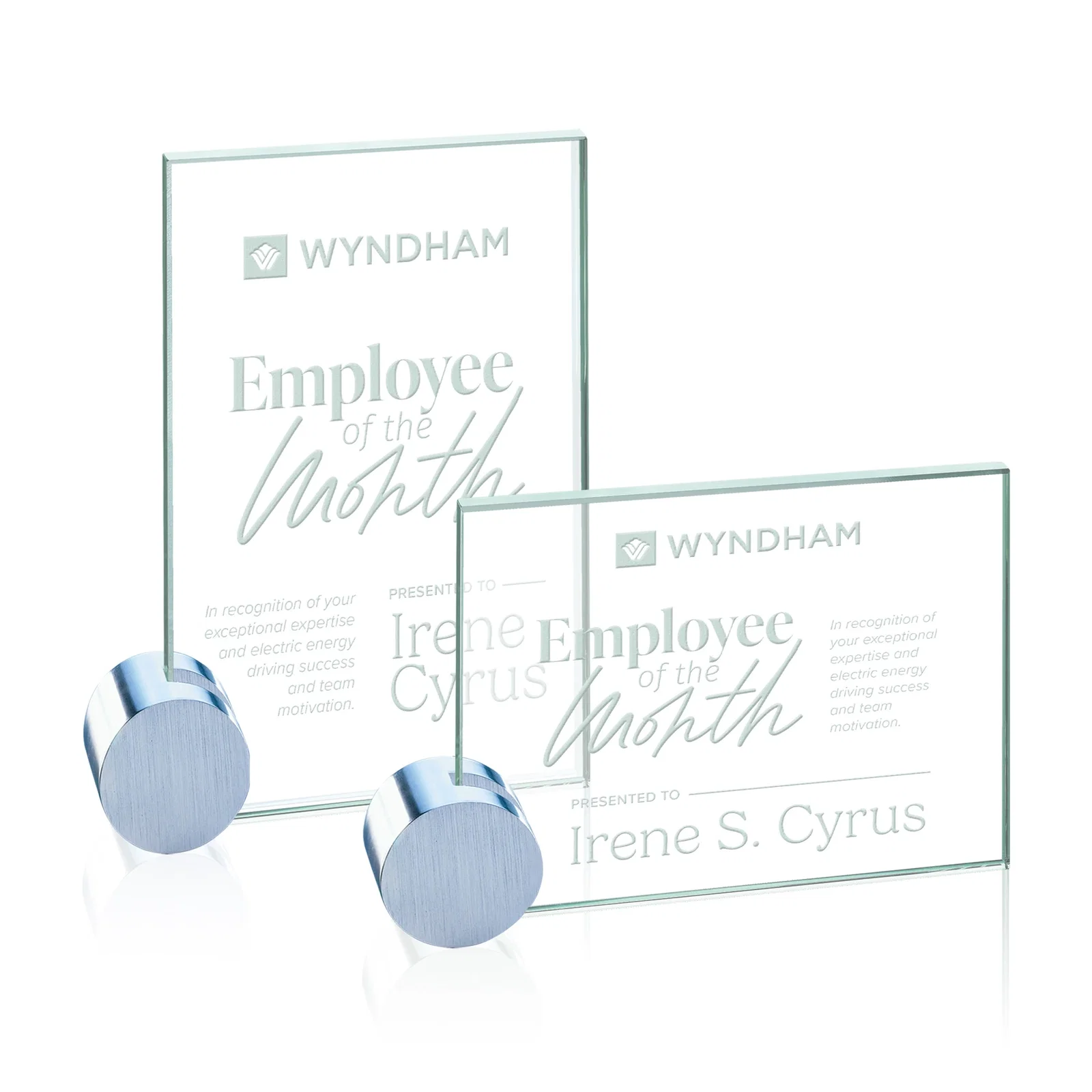 Custom Jade Glass Rectangle Award on an Aluminum Corner Disk, Etch Only for employee recognition