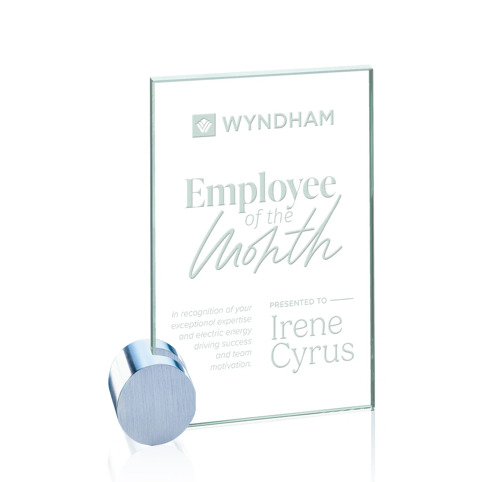Custom Jade Glass Rectangle Award on an Aluminum Corner Disk, Etch Only for corporate award ceremonies