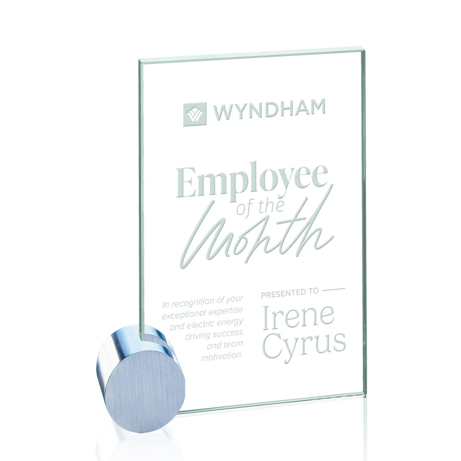 Custom Jade Glass Rectangle Award on an Aluminum Corner Disk, Etch Only for sales achievement awards