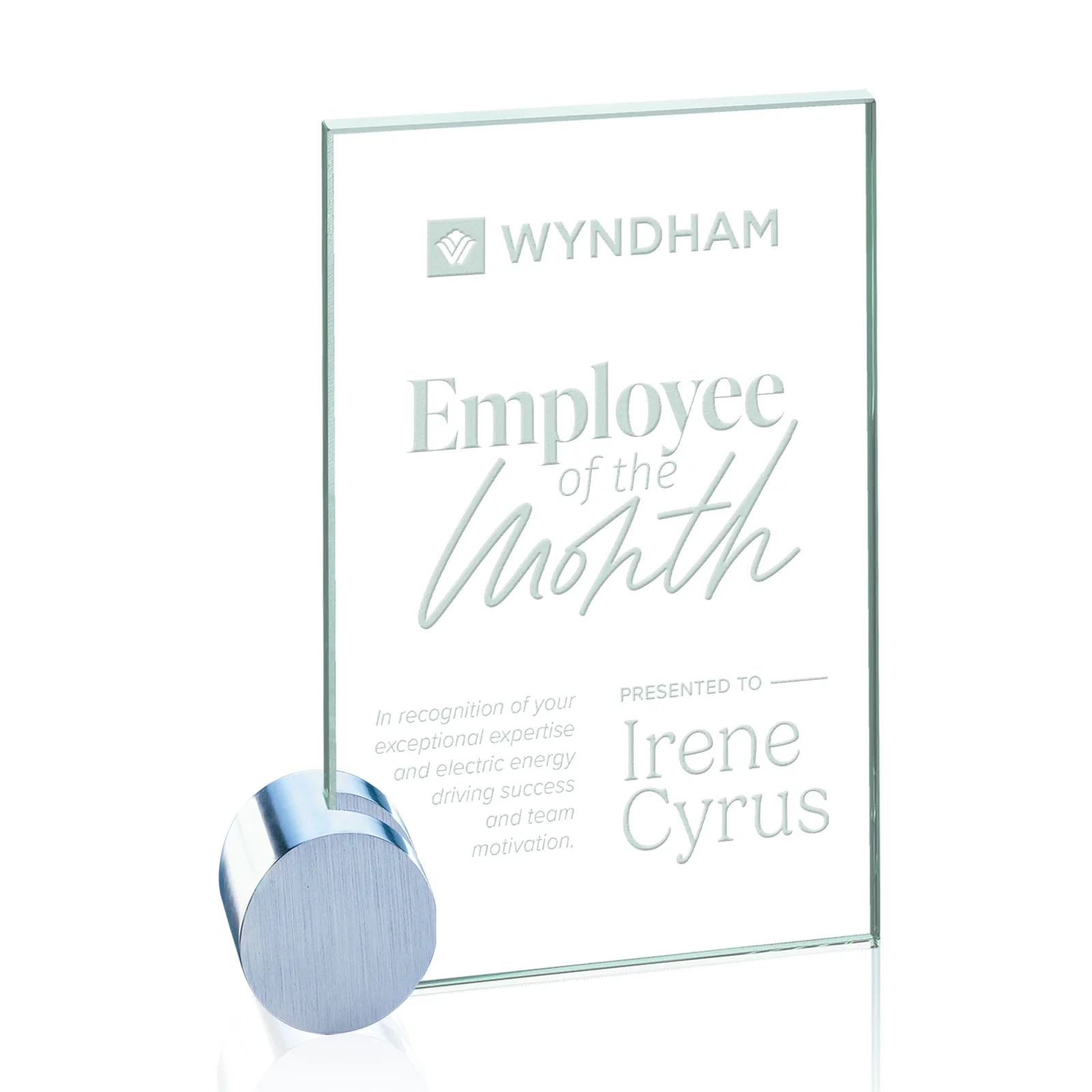 Custom Jade Glass Rectangle Award on an Aluminum Corner Disk, Etch Only for retirement presentations