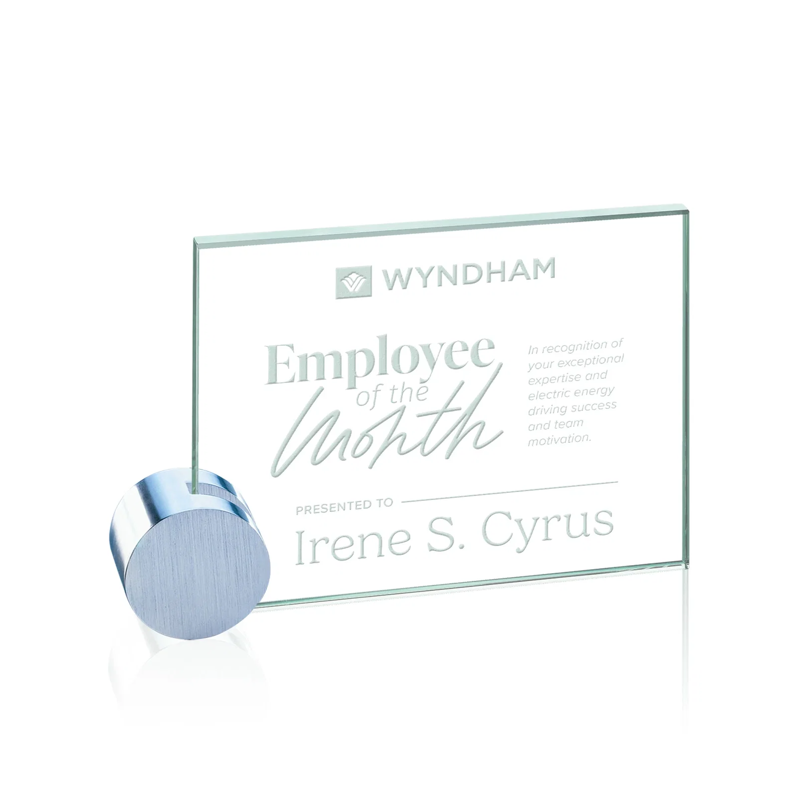 Custom Jade Glass Rectangle Award on an Aluminum Corner Disk, Etch Only for team milestone celebrations