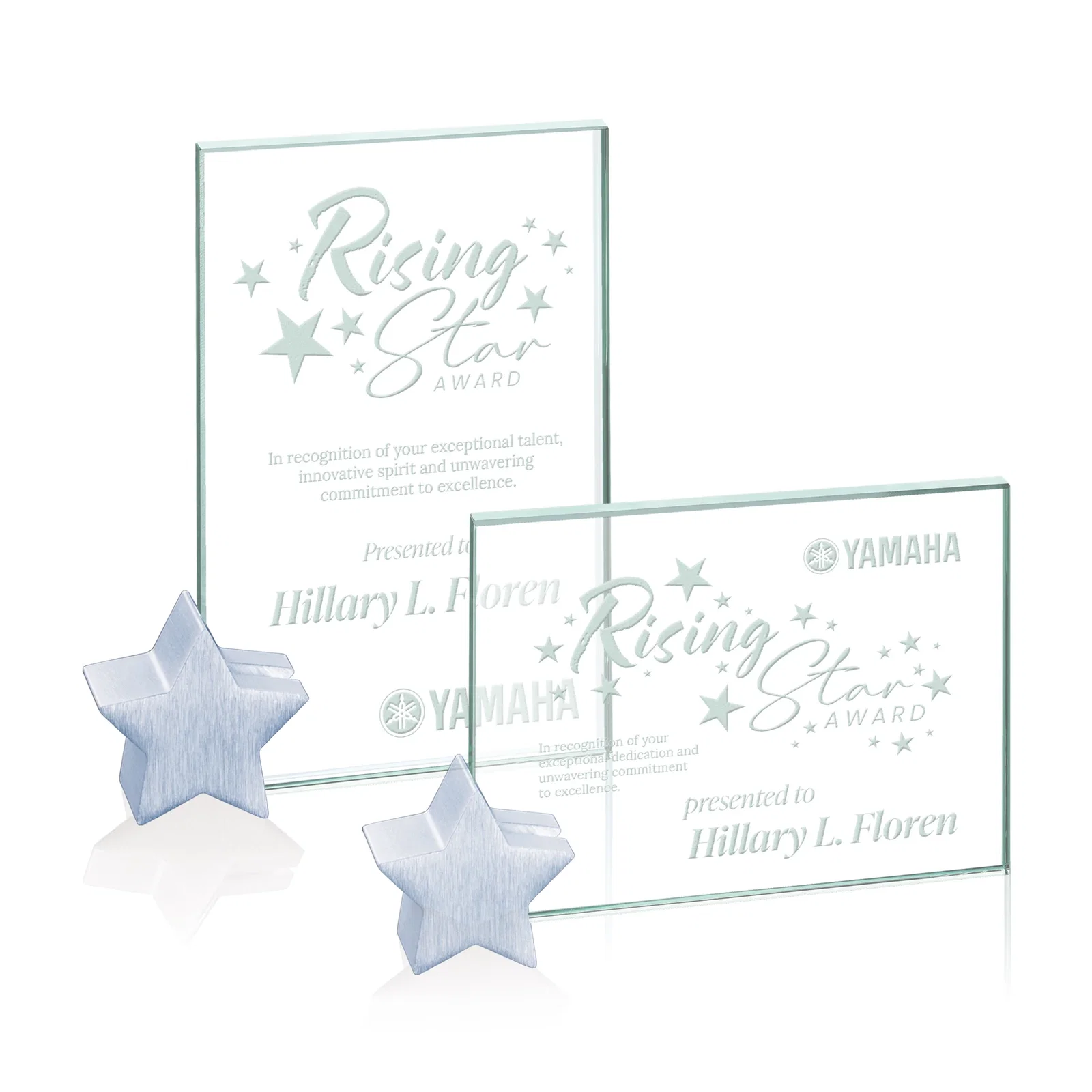 Custom Jade Glass Rectangle Award on an Aluminum Star-Shaped Holder for employee recognition
