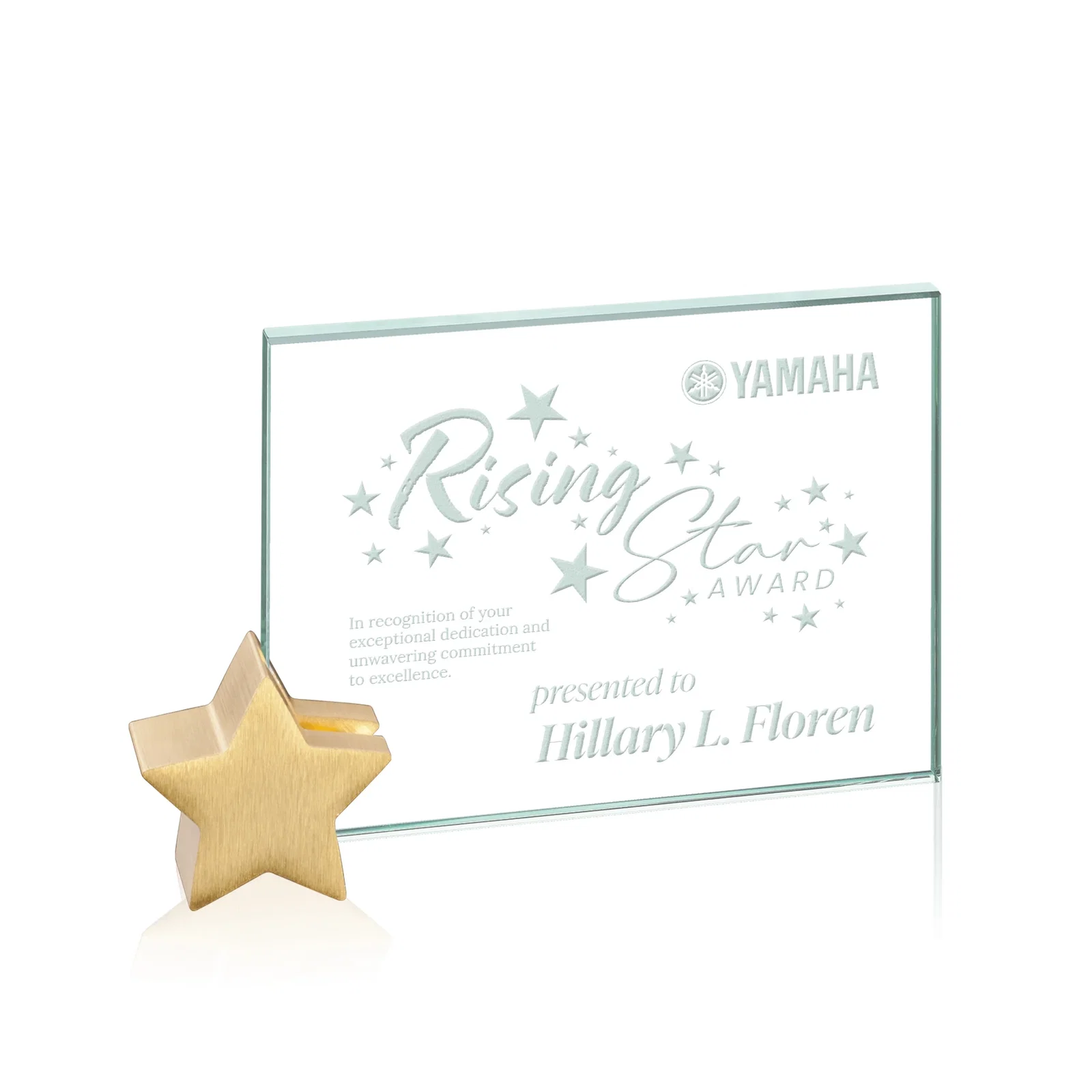 Custom Jade Glass Rectangle Award on an Aluminum Star-Shaped Holder for company anniversary events