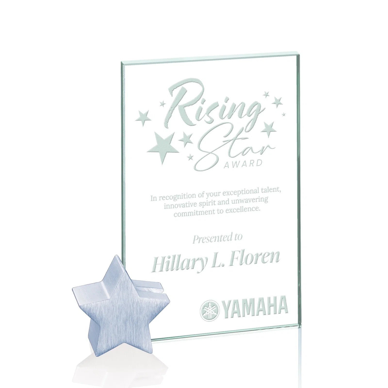 Custom Jade Glass Rectangle Award on an Aluminum Star-Shaped Holder for corporate award ceremonies