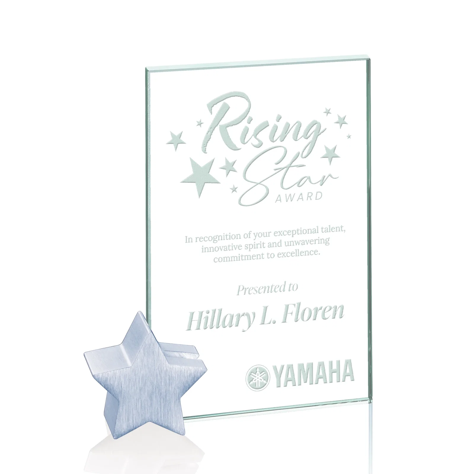 Custom Jade Glass Rectangle Award on an Aluminum Star-Shaped Holder for service anniversary gifts