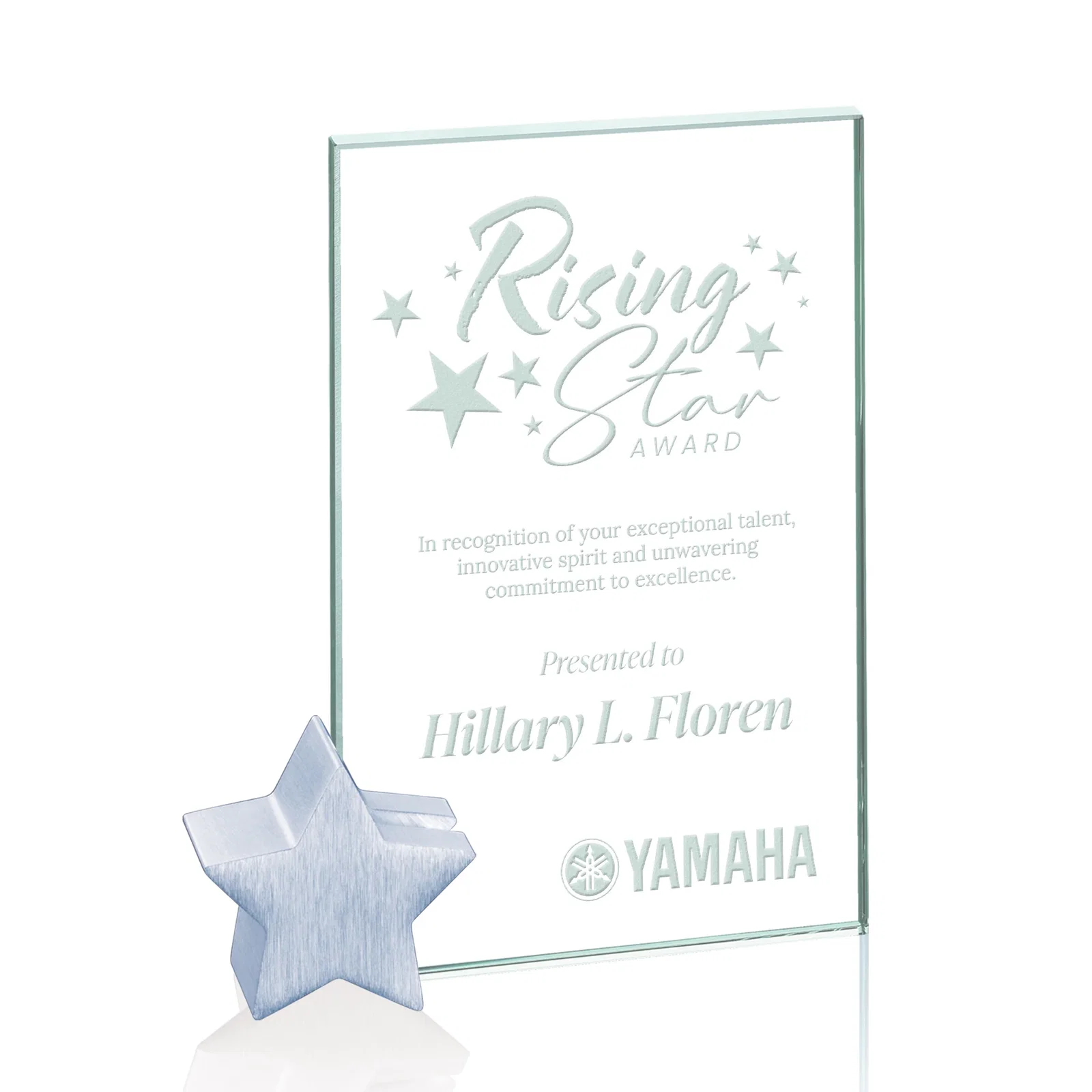 Custom Jade Glass Rectangle Award on an Aluminum Star-Shaped Holder for sales achievement awards