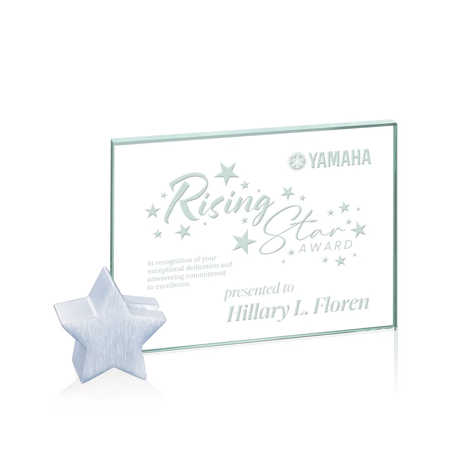 Custom Jade Glass Rectangle Award on an Aluminum Star-Shaped Holder for team milestone celebrations