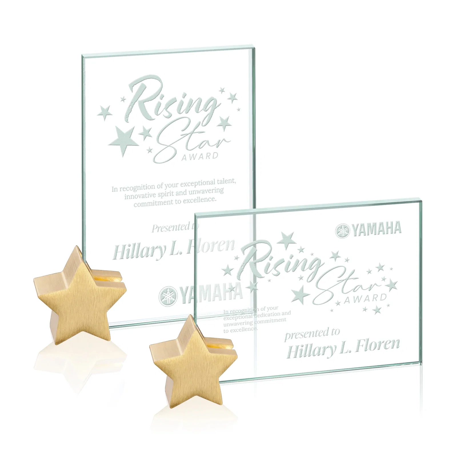 Custom Jade Glass Rectangle Award on an Aluminum Star-Shaped Holder for donor appreciation