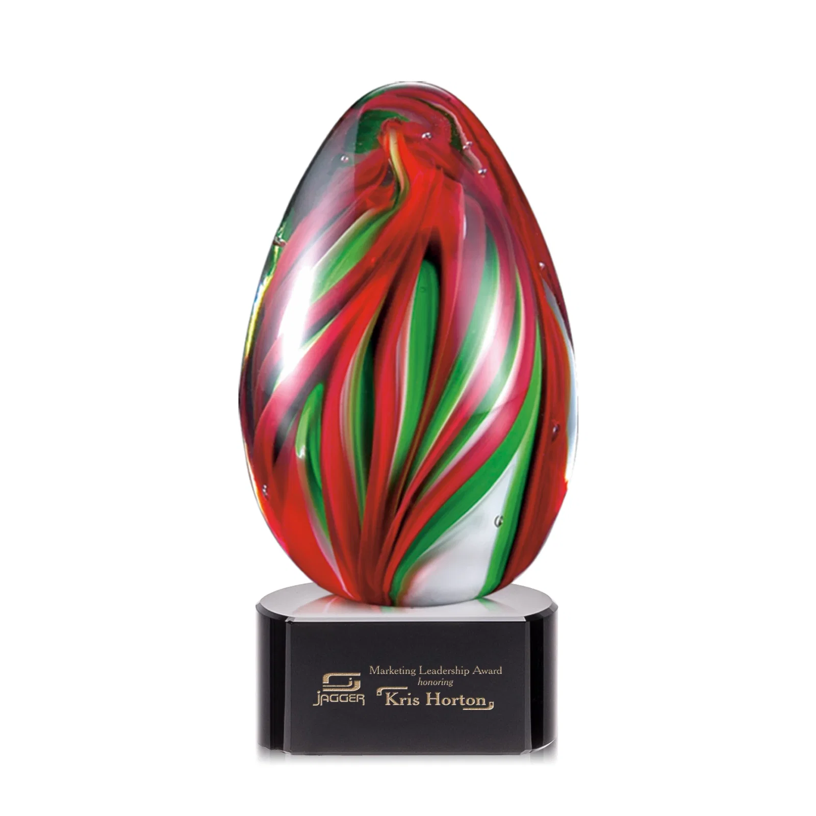 Custom Glass Teardrop Award With Colorfill on Green or Black Base for corporate award ceremonies