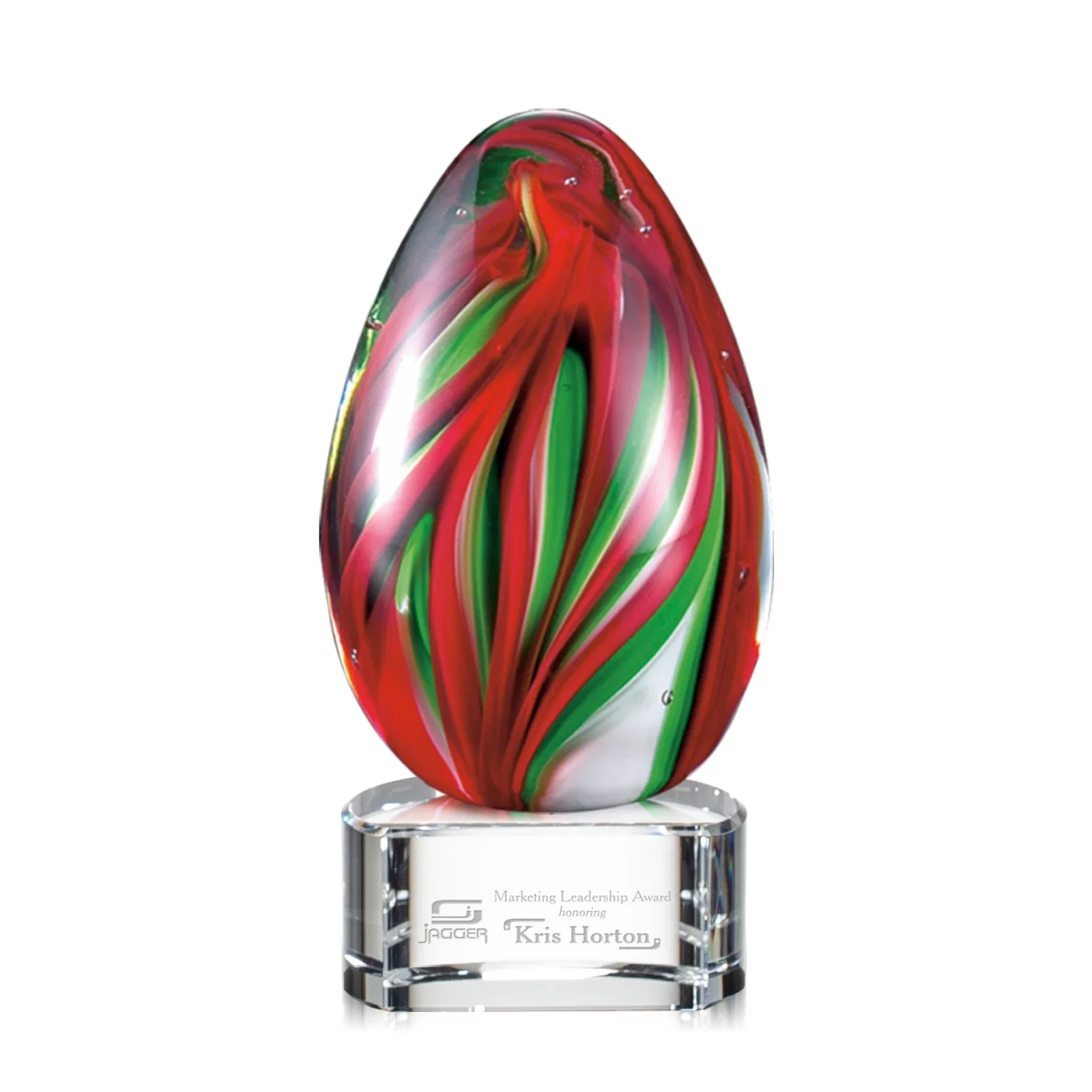 Custom Glass Teardrop Award With Colorfill on Green or Black Base for service anniversary gifts