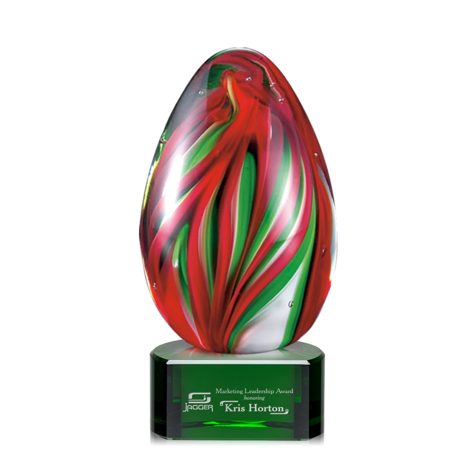 Custom Glass Teardrop Award With Colorfill on Green or Black Base for sales achievement awards