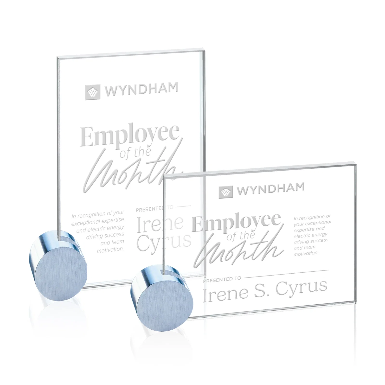 Custom Starfire Crystal Rectangle Award on Aluminum Corner Disk for employee recognition