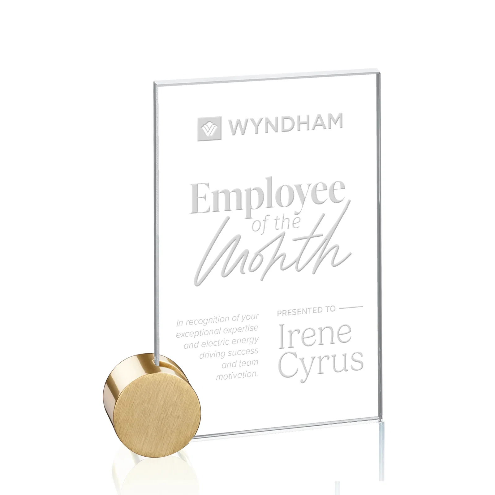 Personalized Starfire Crystal Rectangle Award on Aluminum Corner Disk for corporate award ceremonies