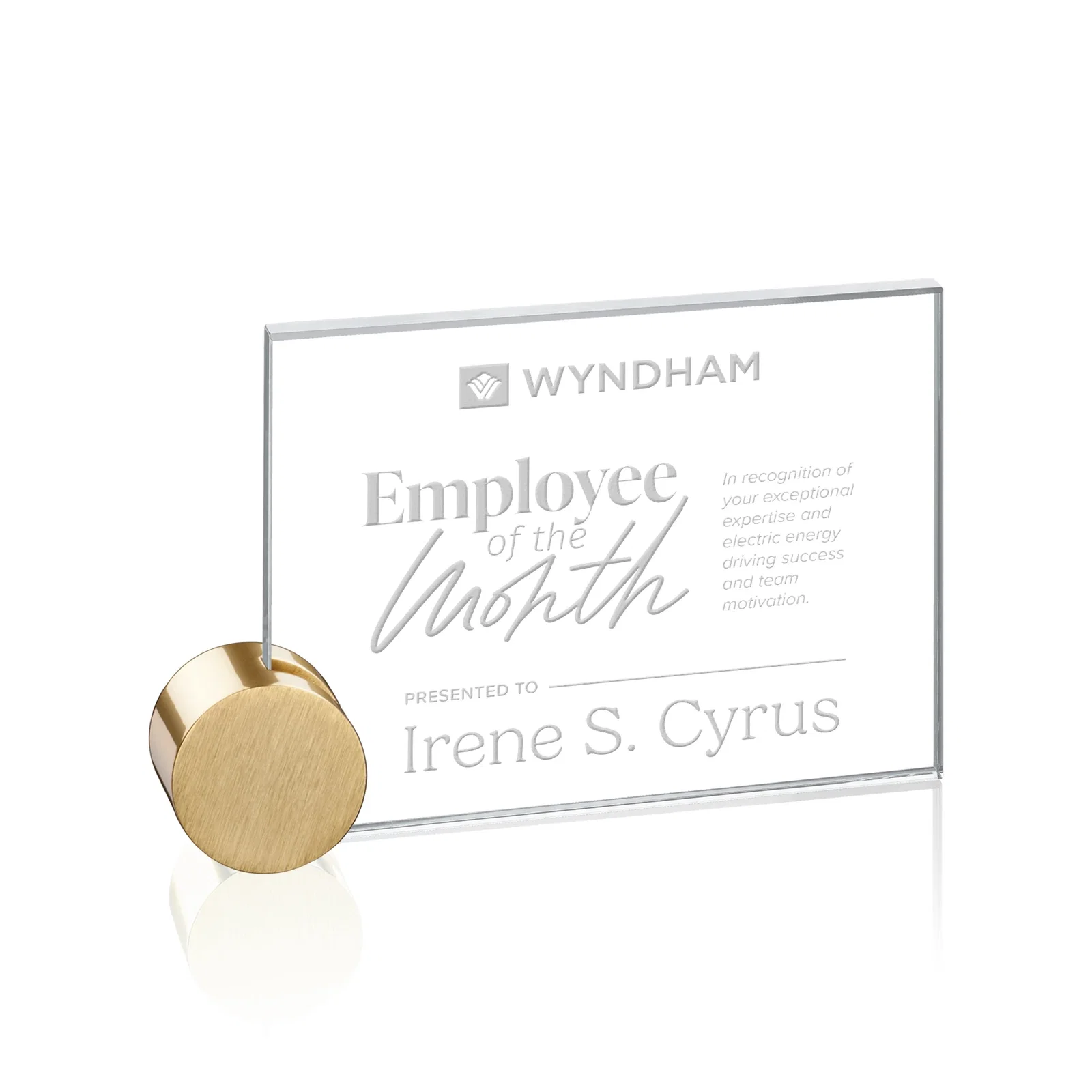 Personalized Starfire Crystal Rectangle Award on Aluminum Corner Disk for team milestone celebrations