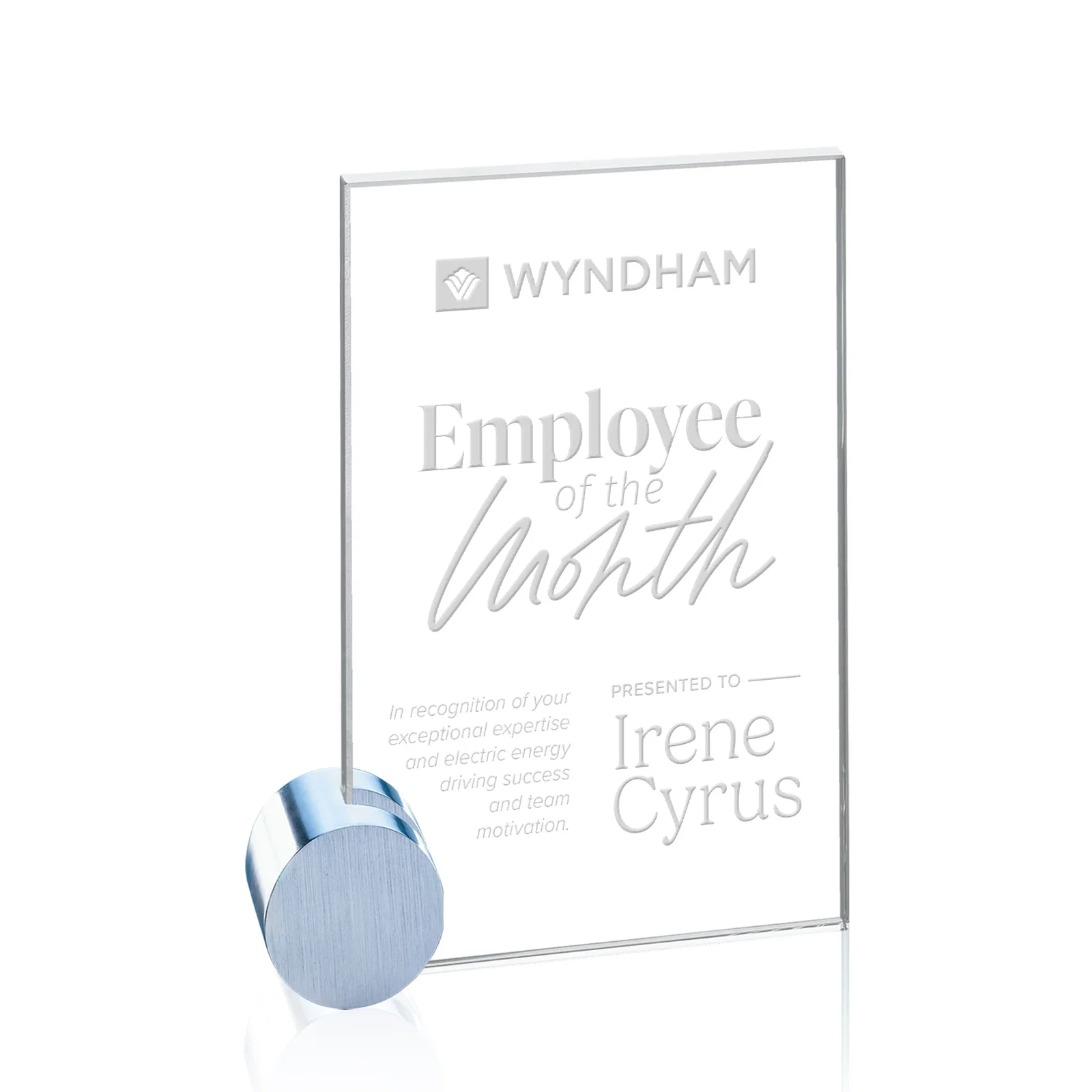 Custom Starfire Crystal Rectangle Award on Aluminum Corner Disk for corporate award ceremonies