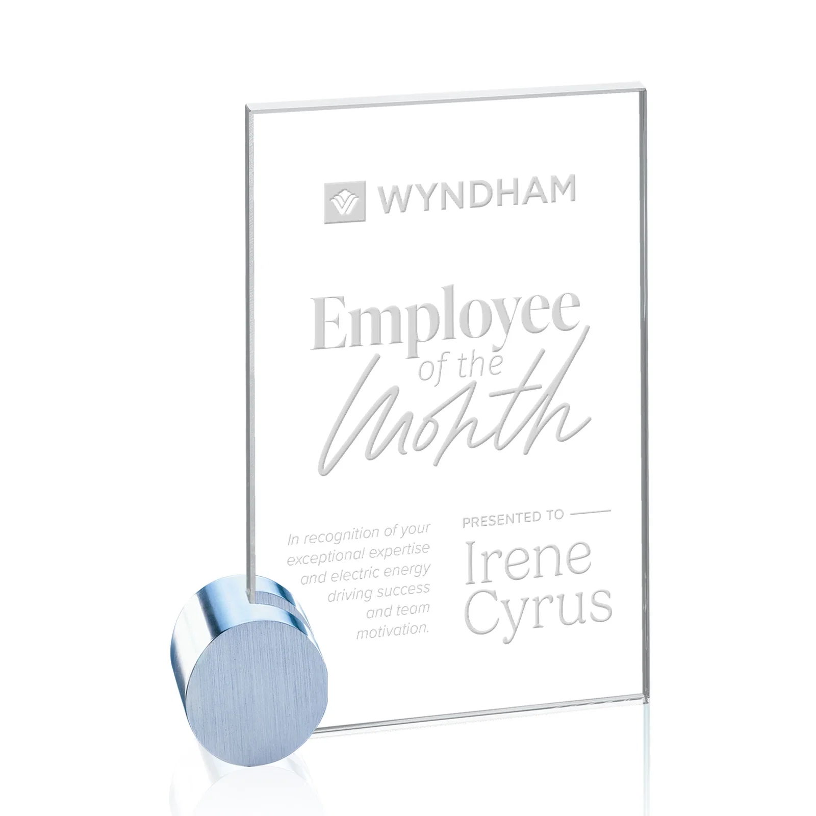 Custom Starfire Crystal Rectangle Award on Aluminum Corner Disk for sales achievement awards