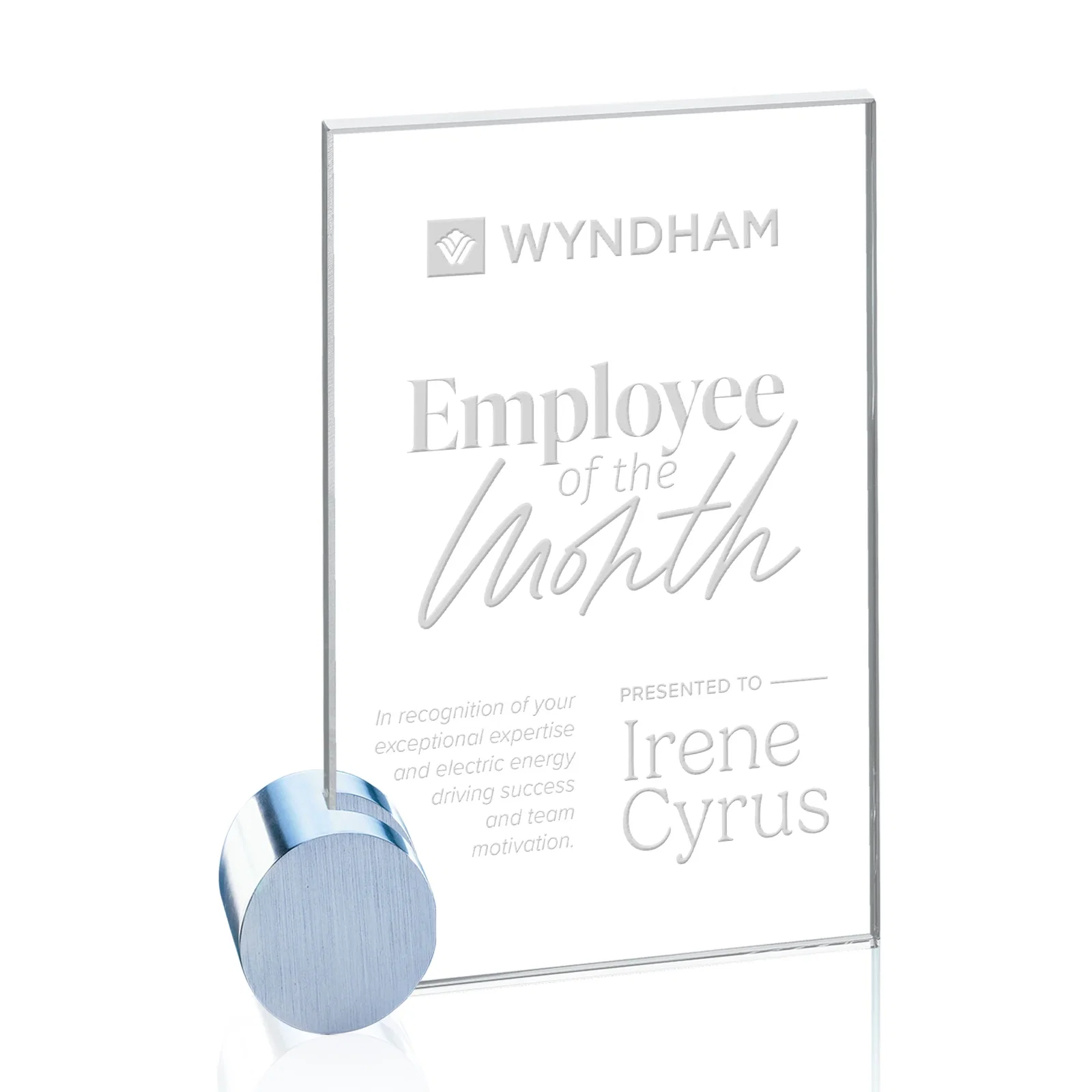 Custom Starfire Crystal Rectangle Award on Aluminum Corner Disk for retirement presentations