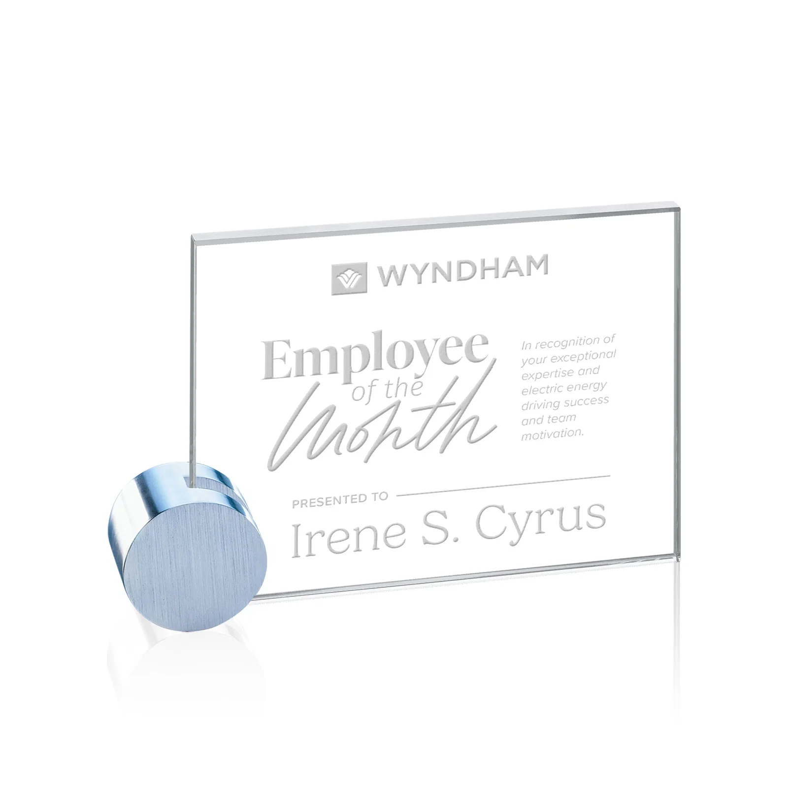 Custom Starfire Crystal Rectangle Award on Aluminum Corner Disk for team milestone celebrations