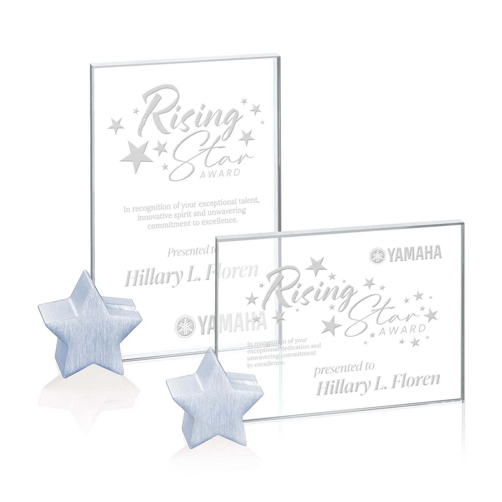 Custom Starfire Crystal Rectangle Award on Aluminum Star Holder for employee recognition