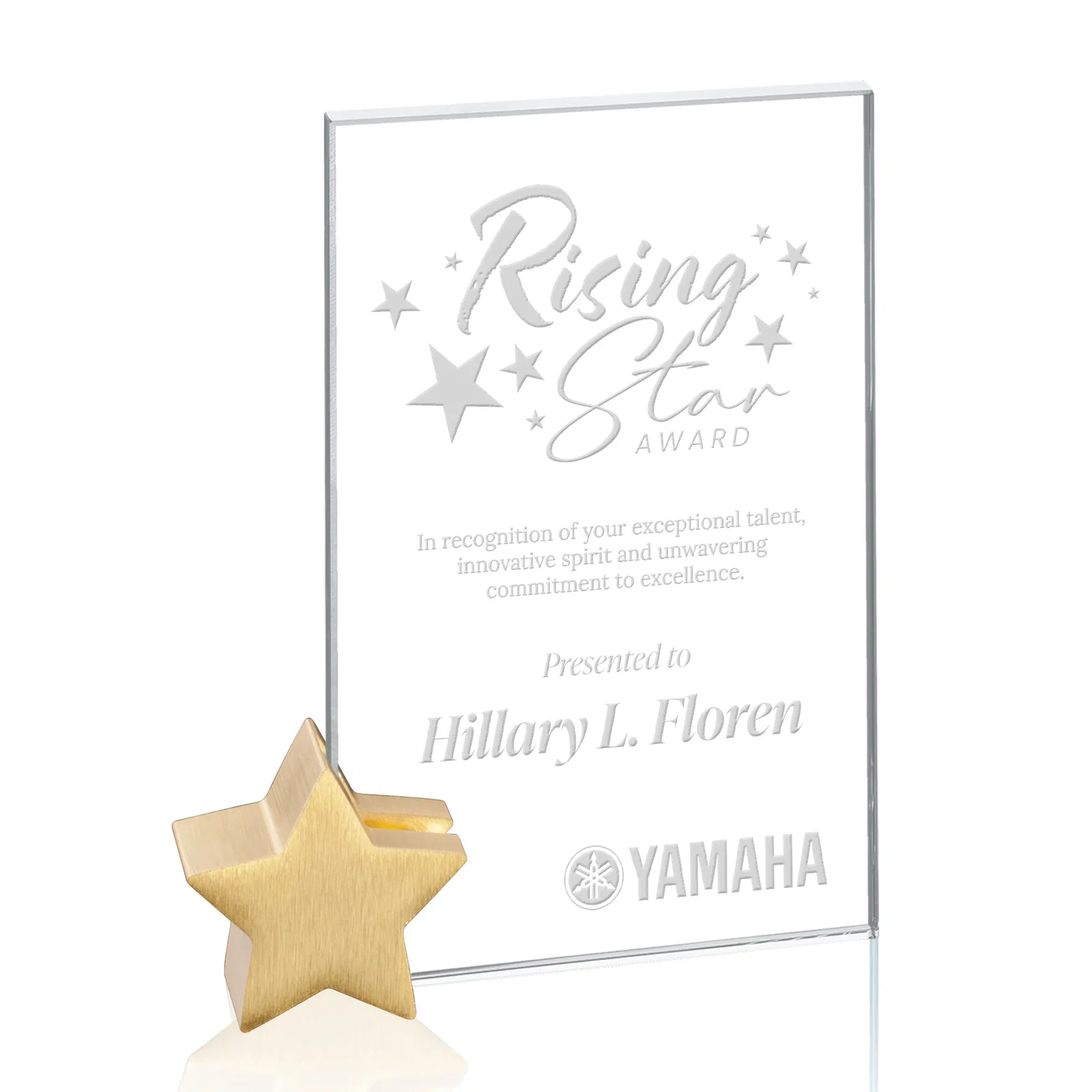 Custom Starfire Crystal Rectangle Award on Aluminum Star Holder for dealer and partner awards