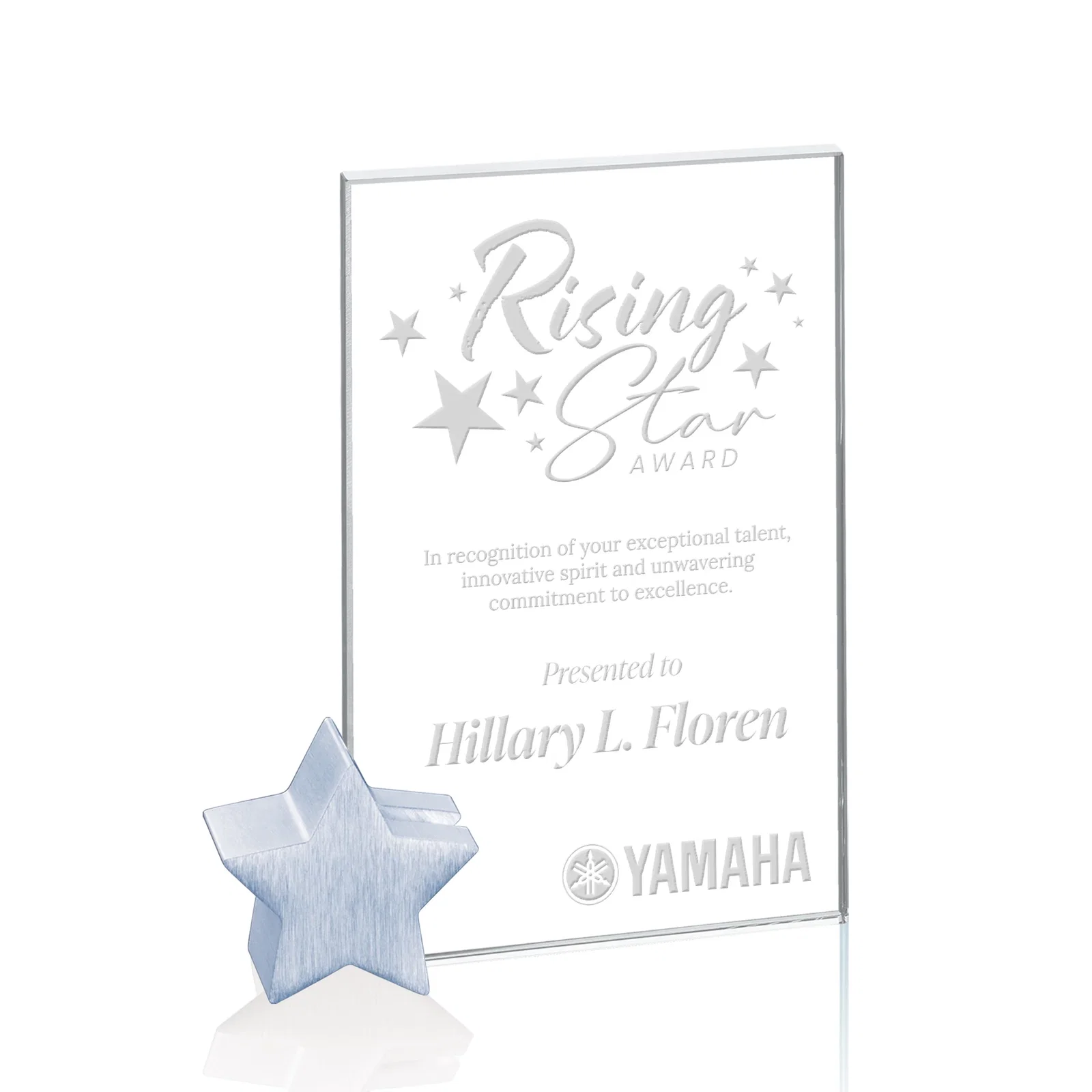 Custom Starfire Crystal Rectangle Award on Aluminum Star Holder for corporate award ceremonies