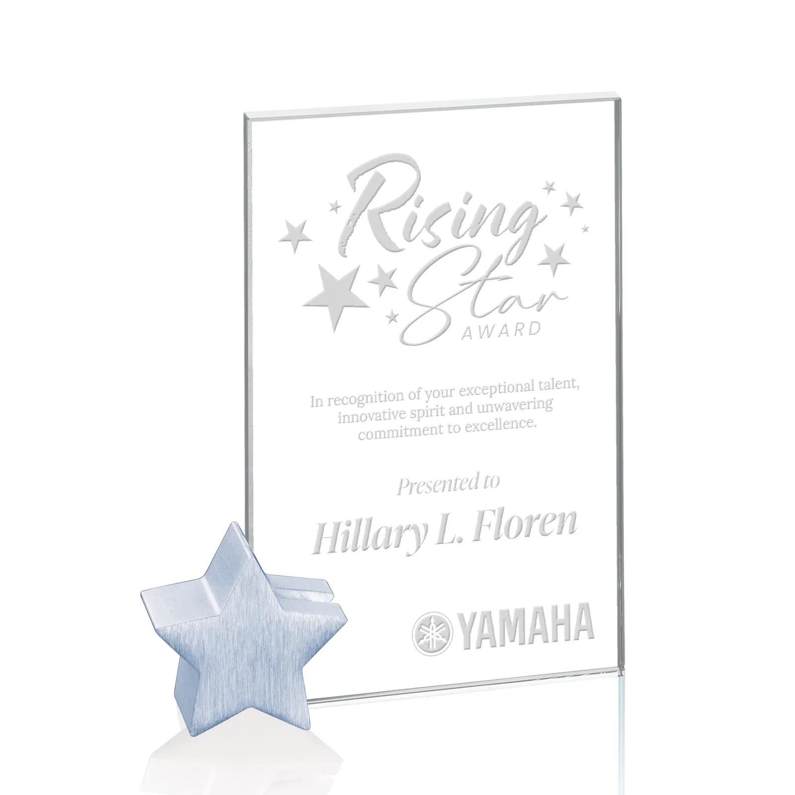 Custom Starfire Crystal Rectangle Award on Aluminum Star Holder for service anniversary gifts