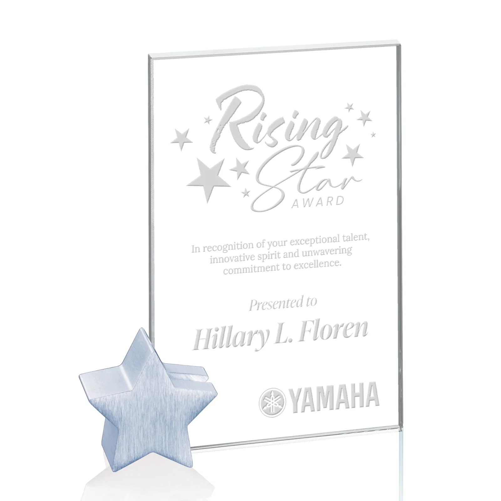 Custom Starfire Crystal Rectangle Award on Aluminum Star Holder for retirement presentations