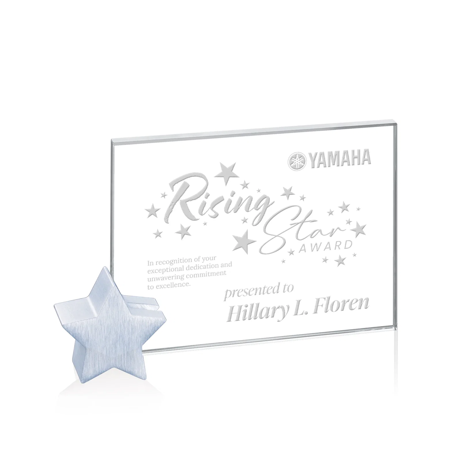 Custom Starfire Crystal Rectangle Award on Aluminum Star Holder for team milestone celebrations