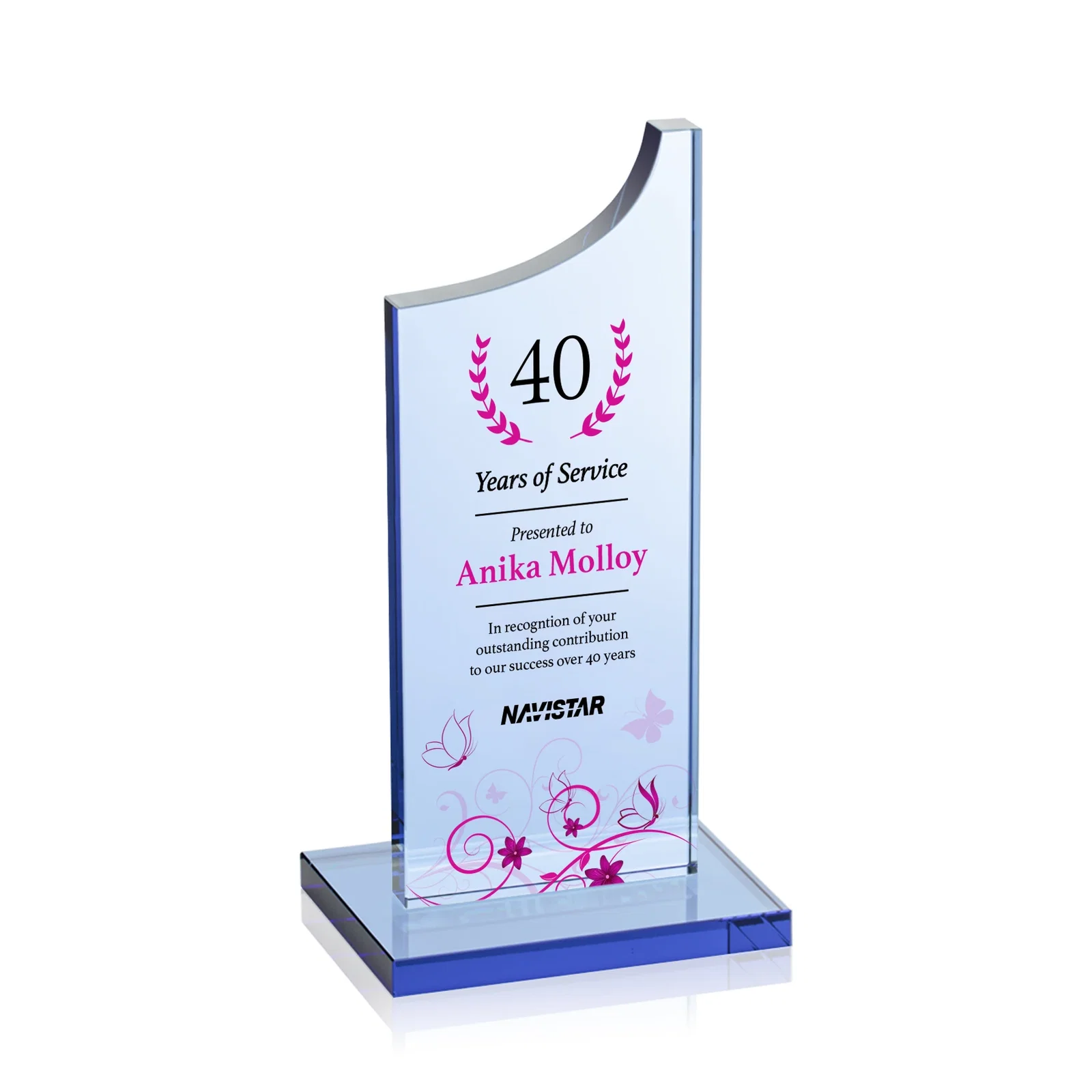 Personalized Colored Optical Crystal Award with Rising Curved Silhouette, awards for donor appreciation
