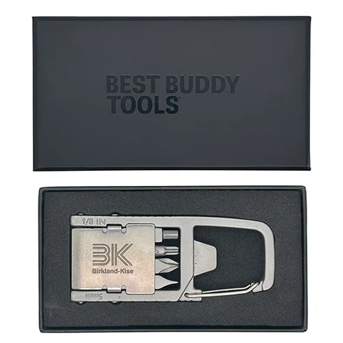Best Buddy custom multi-tool clipped by its carabiner to a belt loop