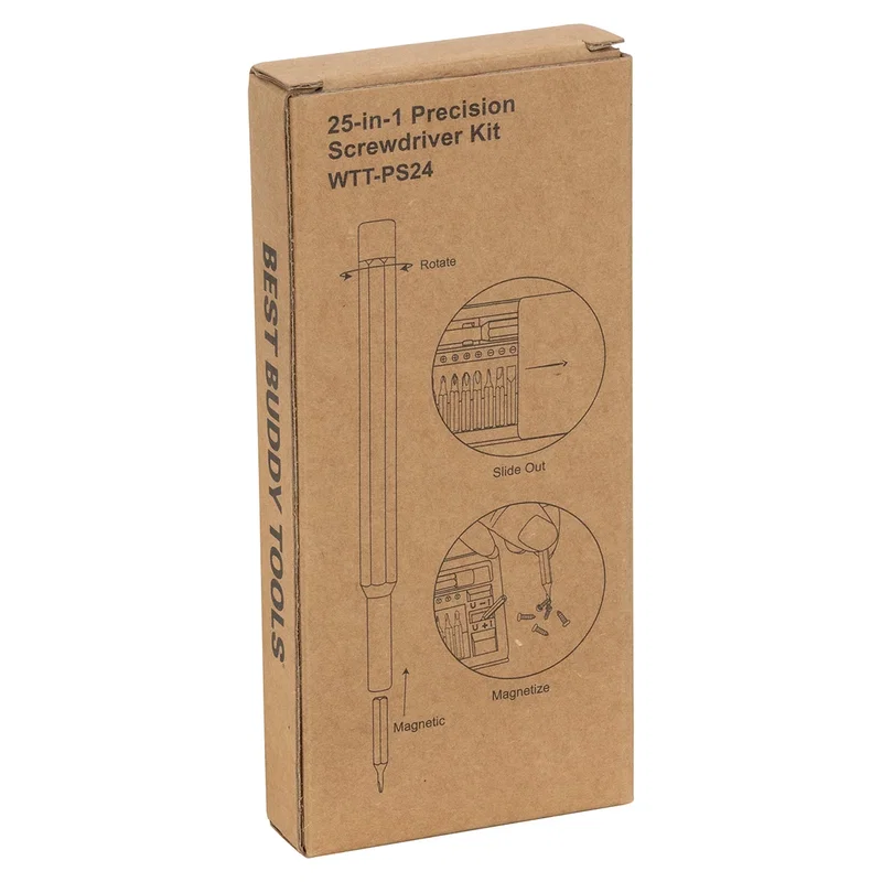 Back of the retail packaging for the Best Buddy Tools 25-in-1 Precision Screwdriver Kit